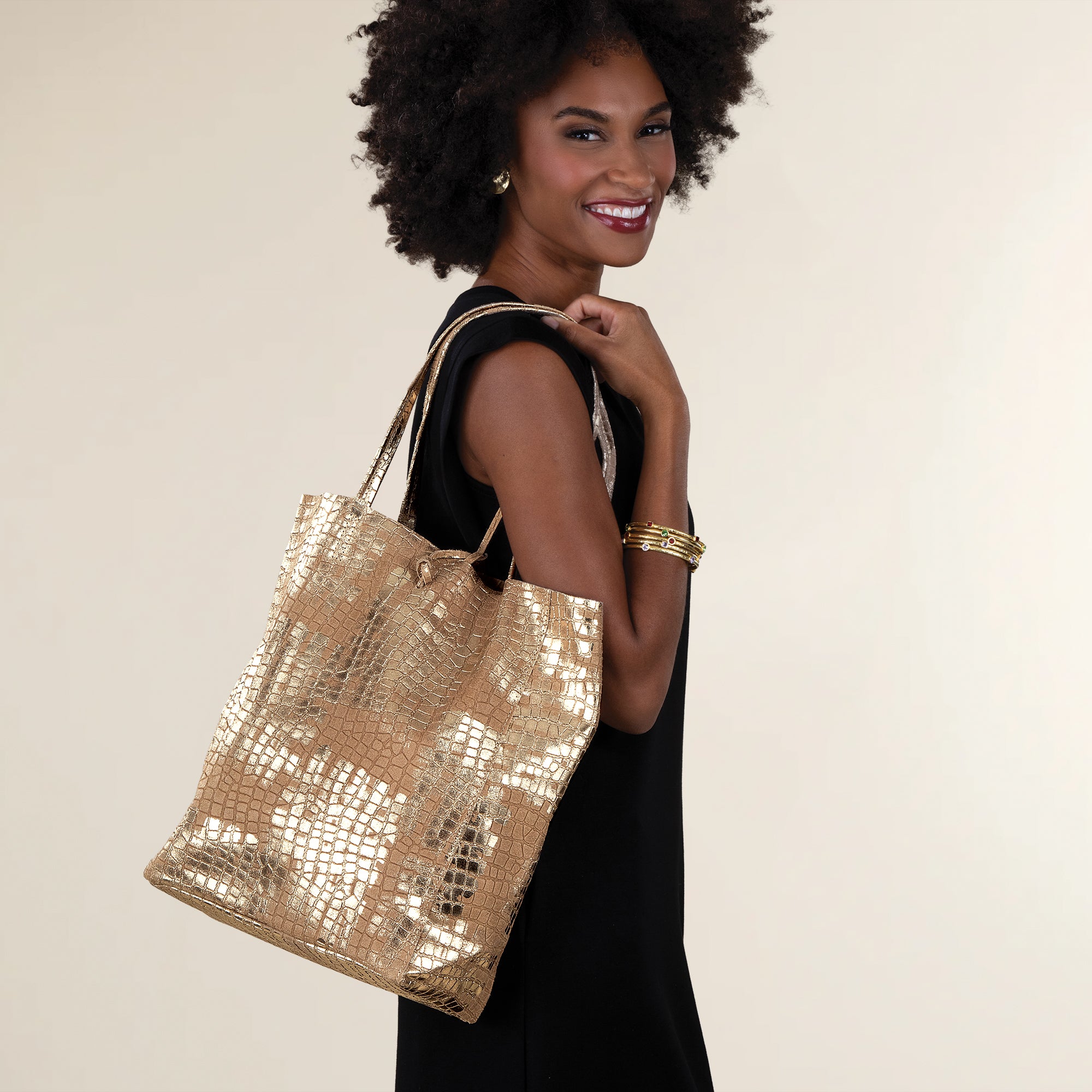 Francesca Mixed Materials Metallic Gold Italian Leather & Suede Tote