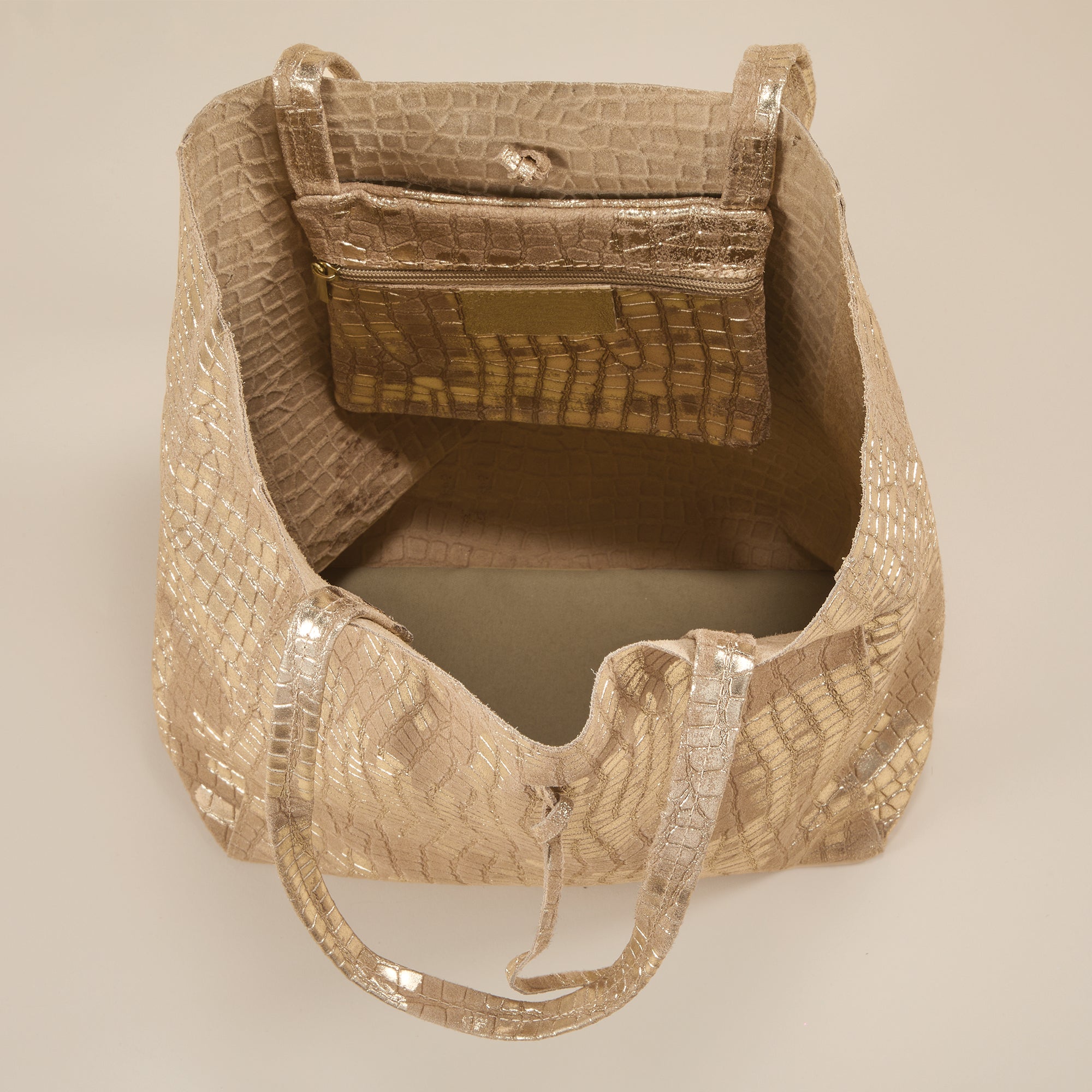 Francesca Mixed Materials Metallic Gold Italian Leather & Suede Tote