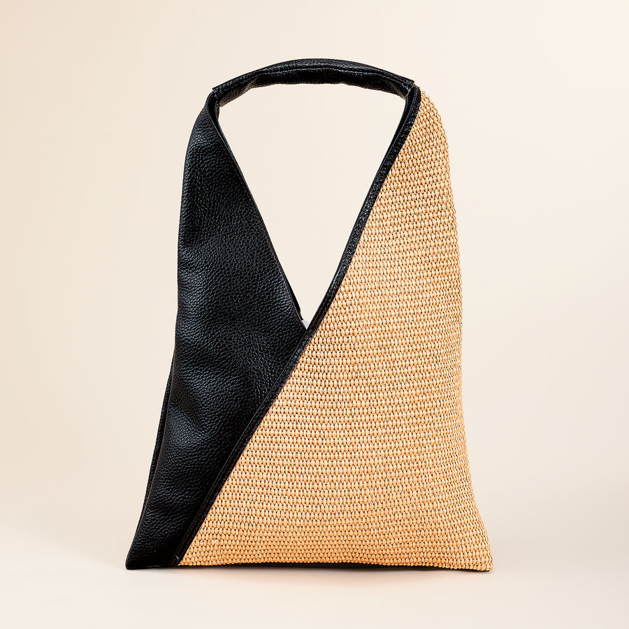 Milazzo Italian Black Leather & Natural Straw Hobo Bag (Preorder)