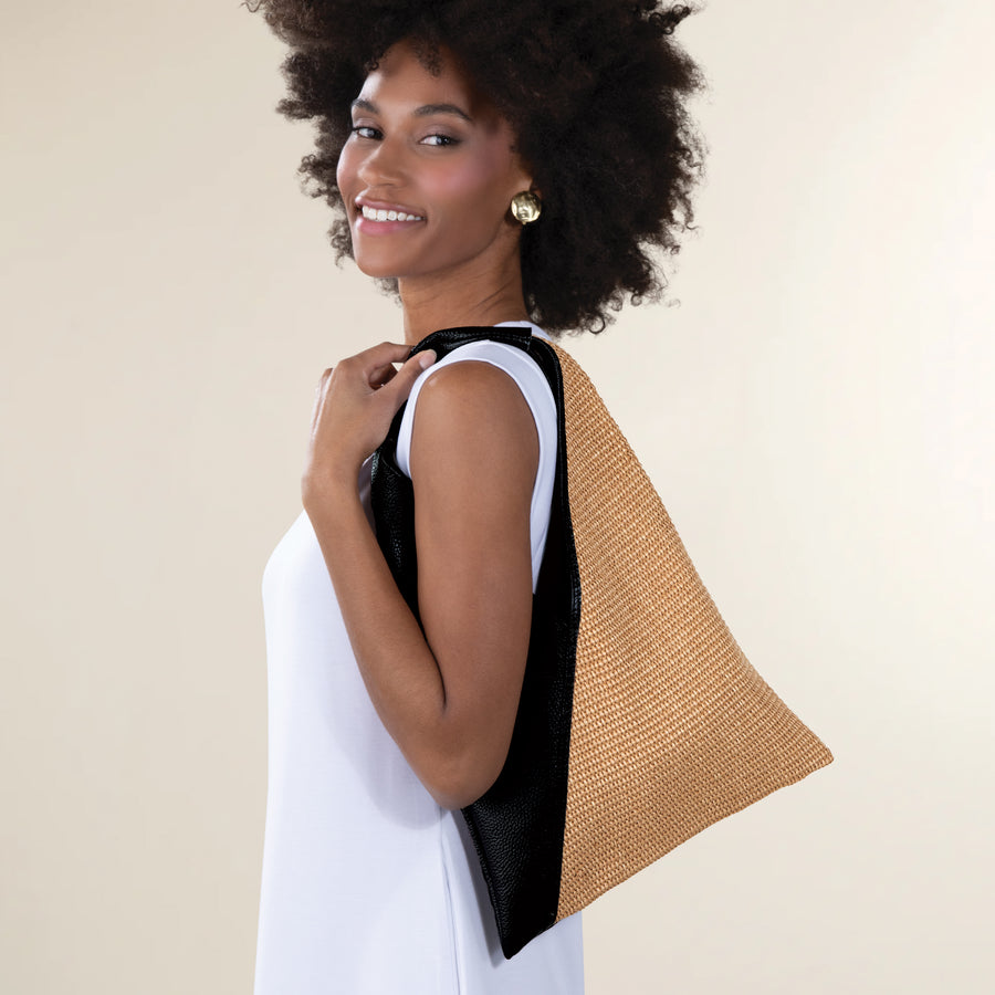 Milazzo Italian Black Leather & Natural Straw Hobo Bag (Preorder)