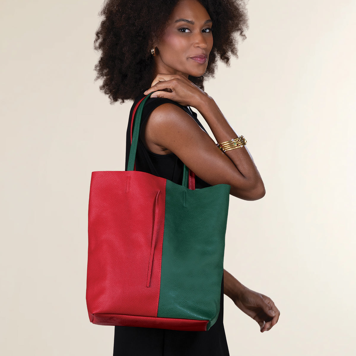 Francesca Red & Green Split Panel Italian Leather Tote (Preorder)