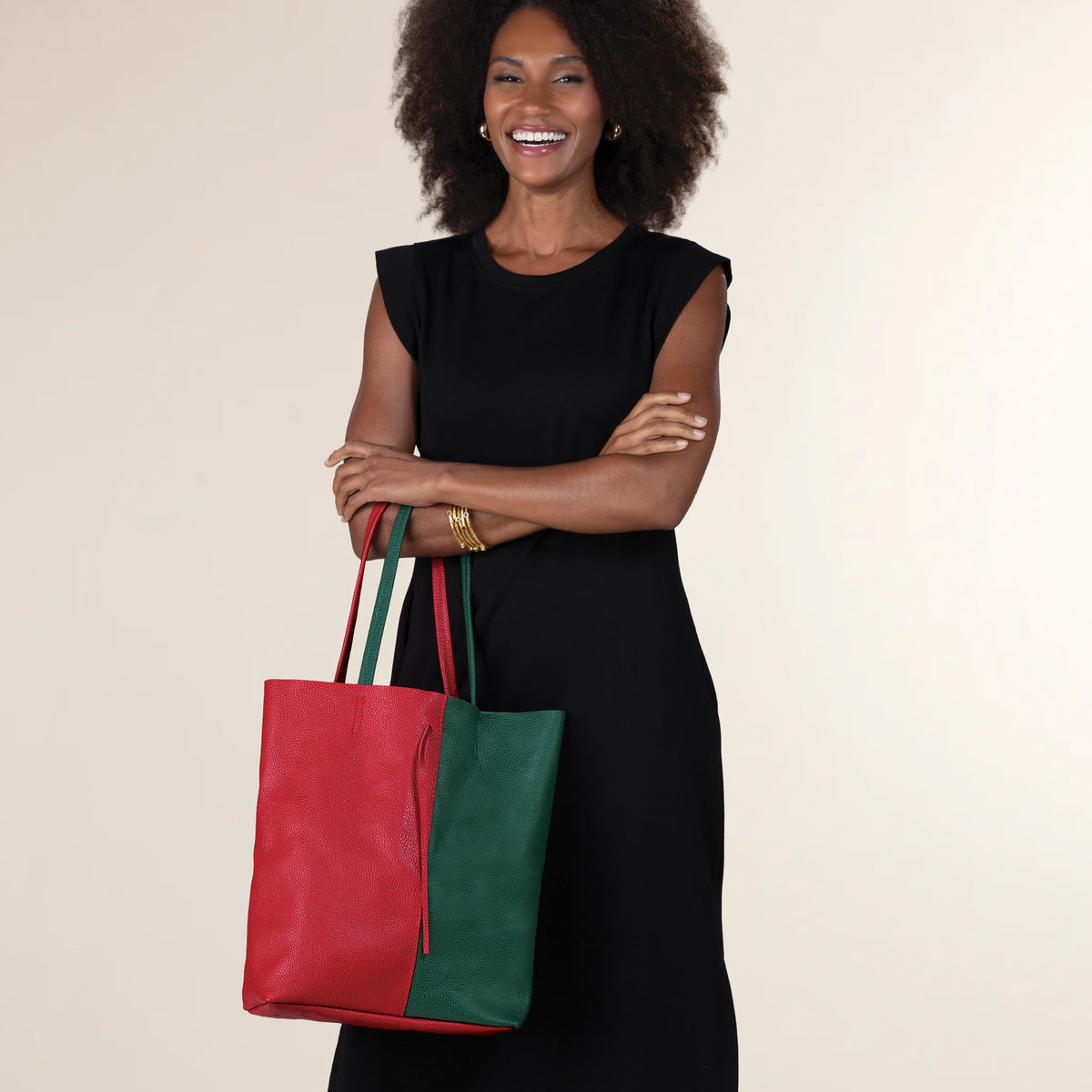 Francesca Red & Green Split Panel Italian Leather Tote (Preorder)