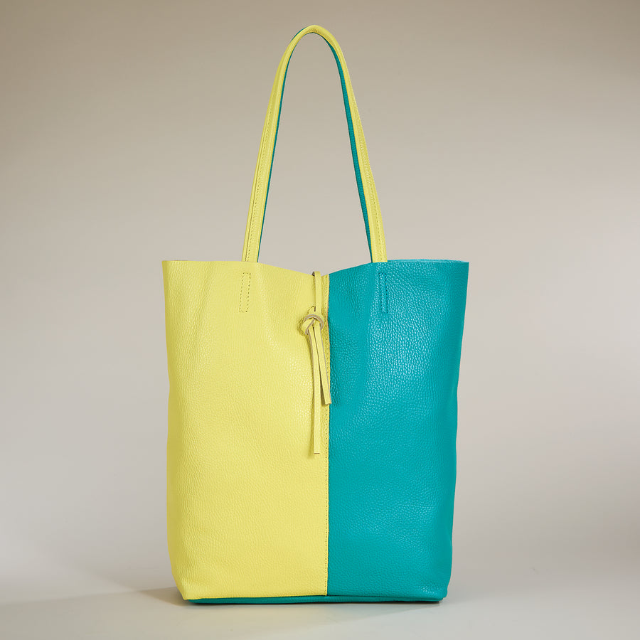 Francesca Yellow & Teal Split Panel Italian Leather Tote