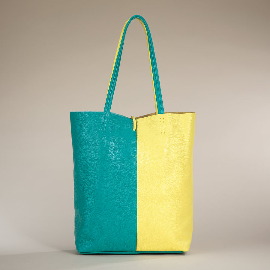 Francesca Yellow & Teal Split Panel Italian Leather Tote