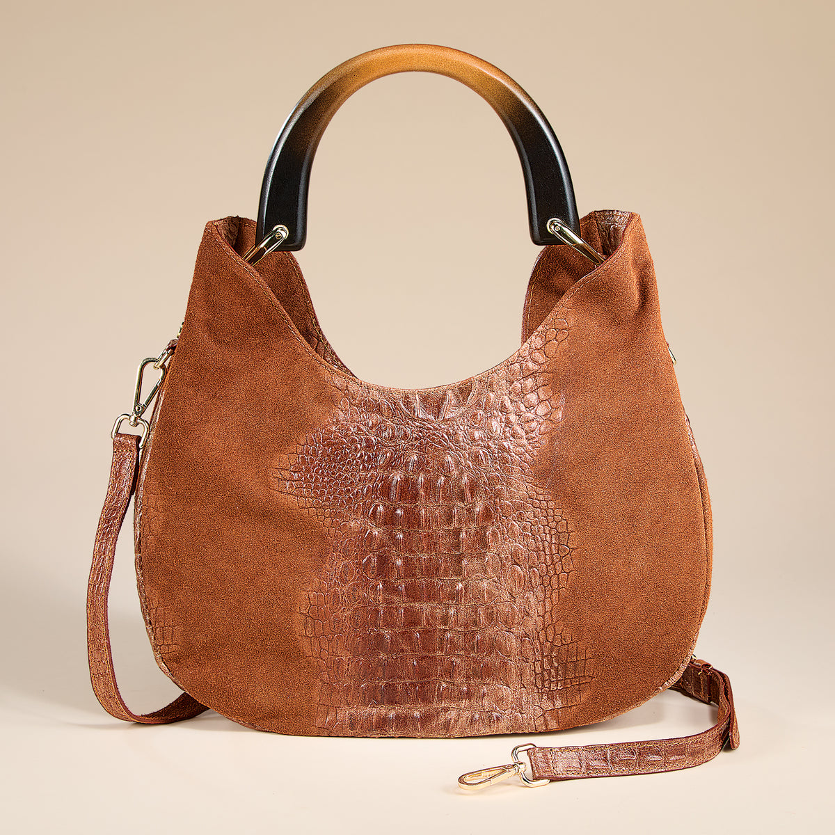 Sperlonga Cognac Croco Italian Leather & Suede Satchel (Preorder)
