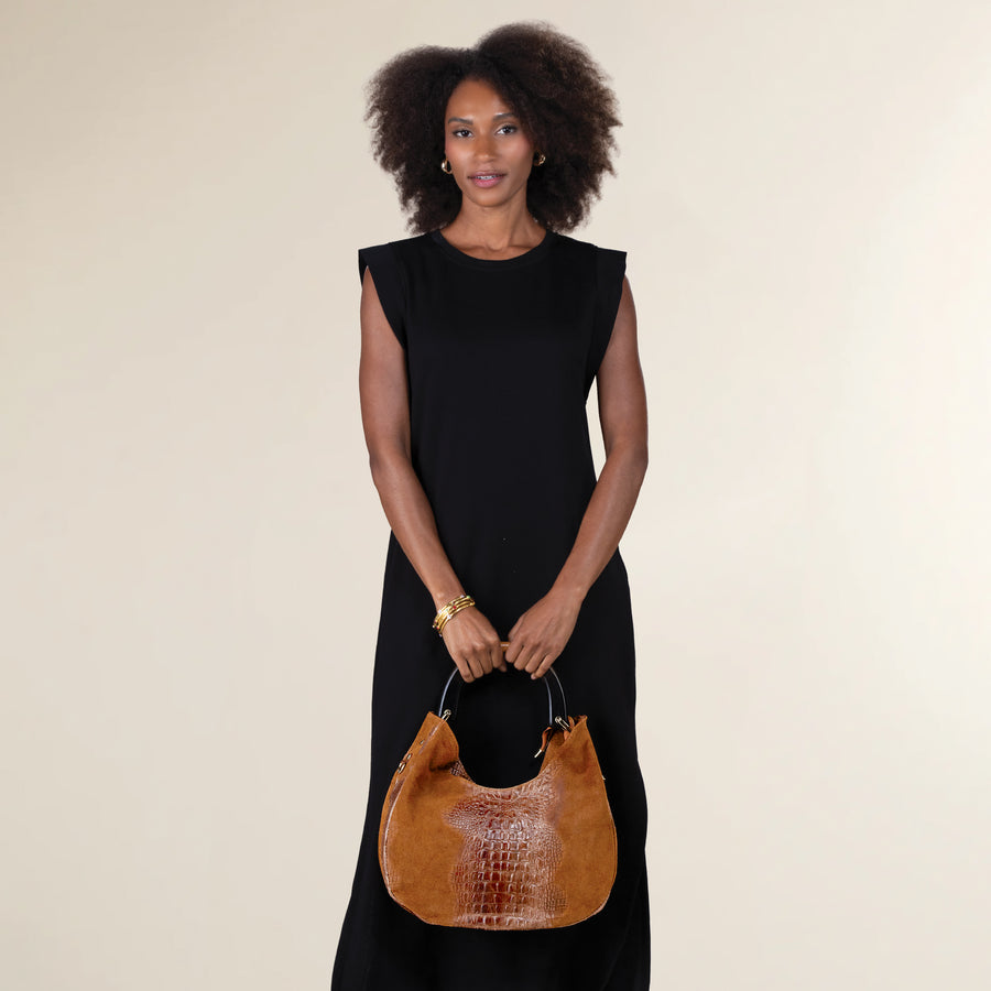 Sperlonga Cognac Croco Italian Leather & Suede Satchel (Preorder)