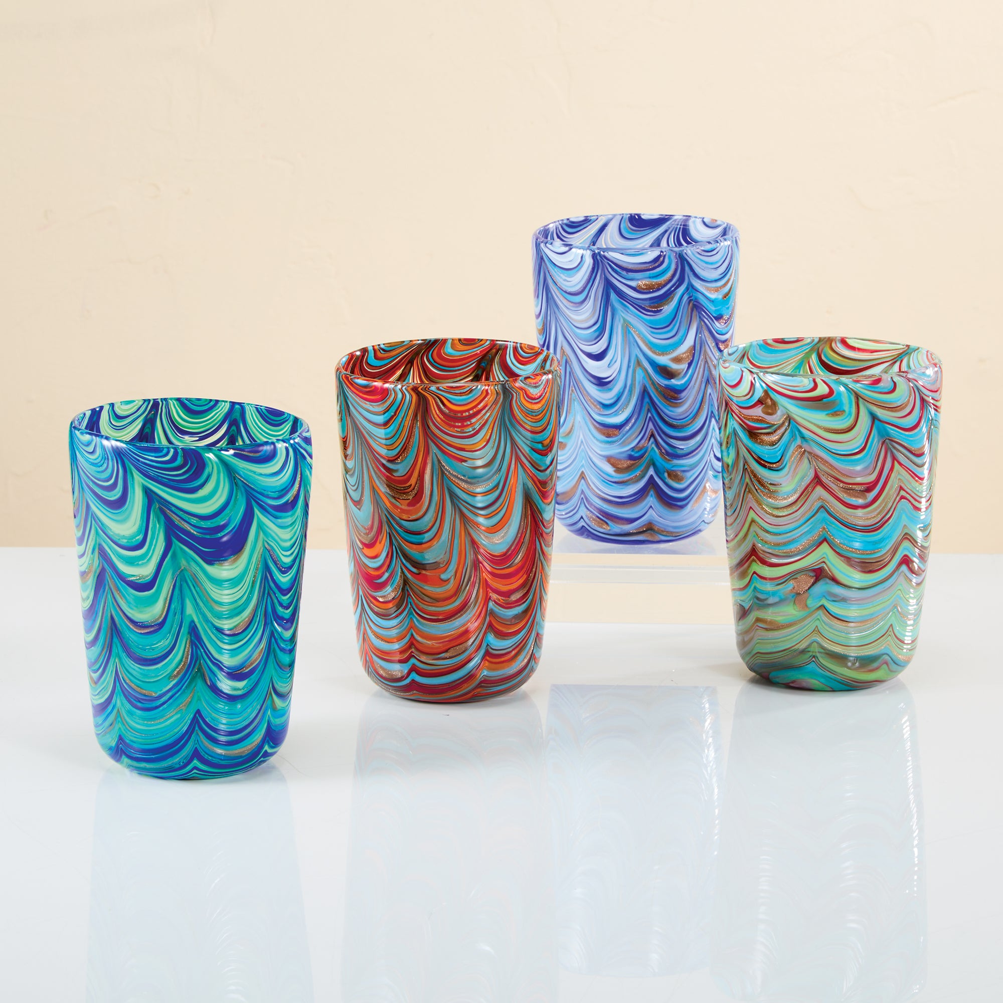Murano Glass Peacock Pattern Glasses, Set of 4 (Preorder)