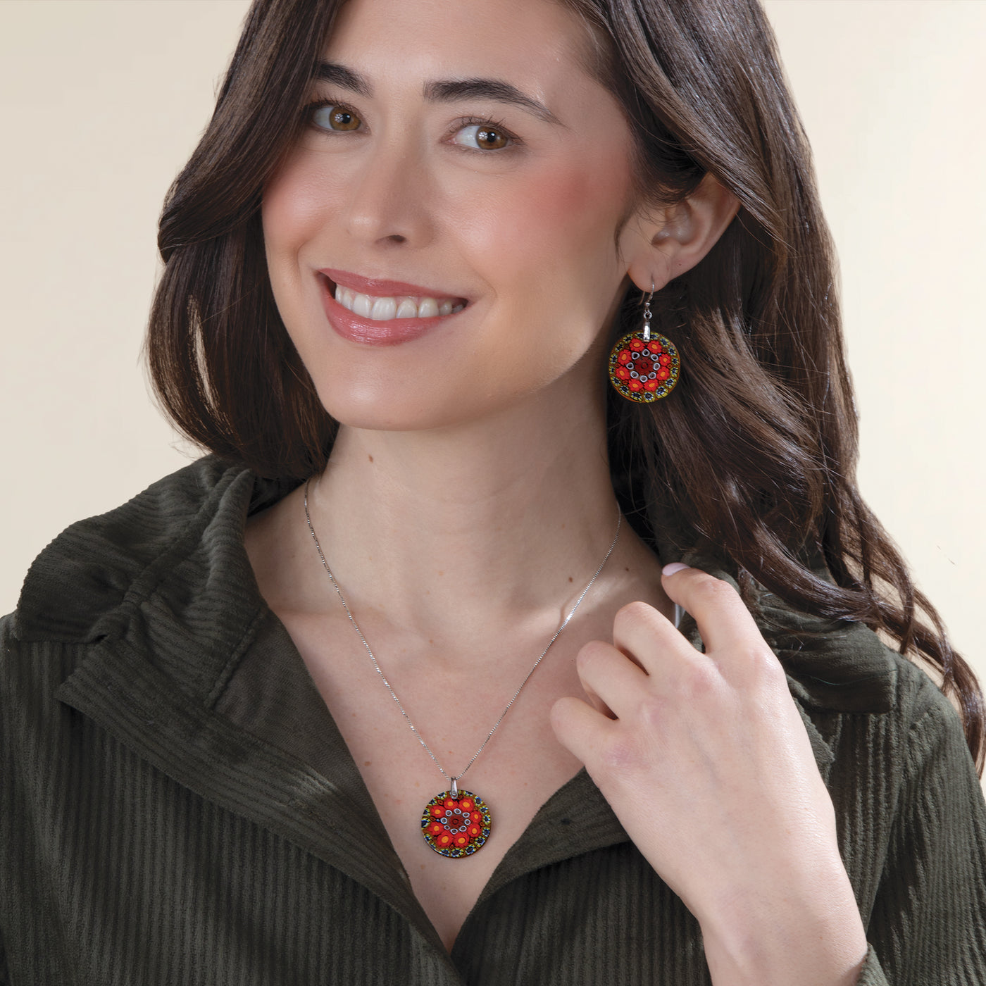 Murano Glass Green Millefiori Medallion Pendant Necklace (Preorder)
