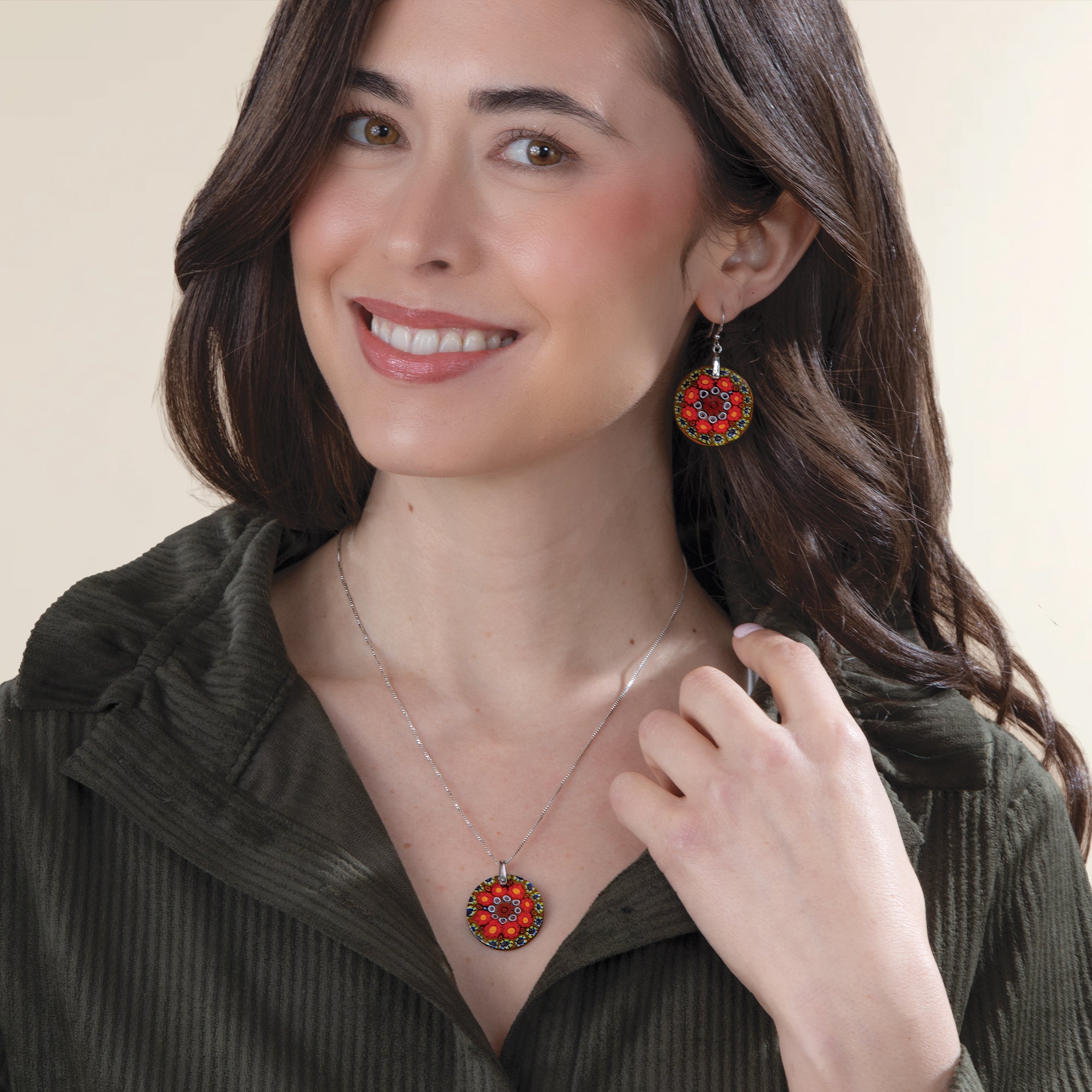 Murano Glass Green Millefiori Medallion Pendant Necklace (Preorder)