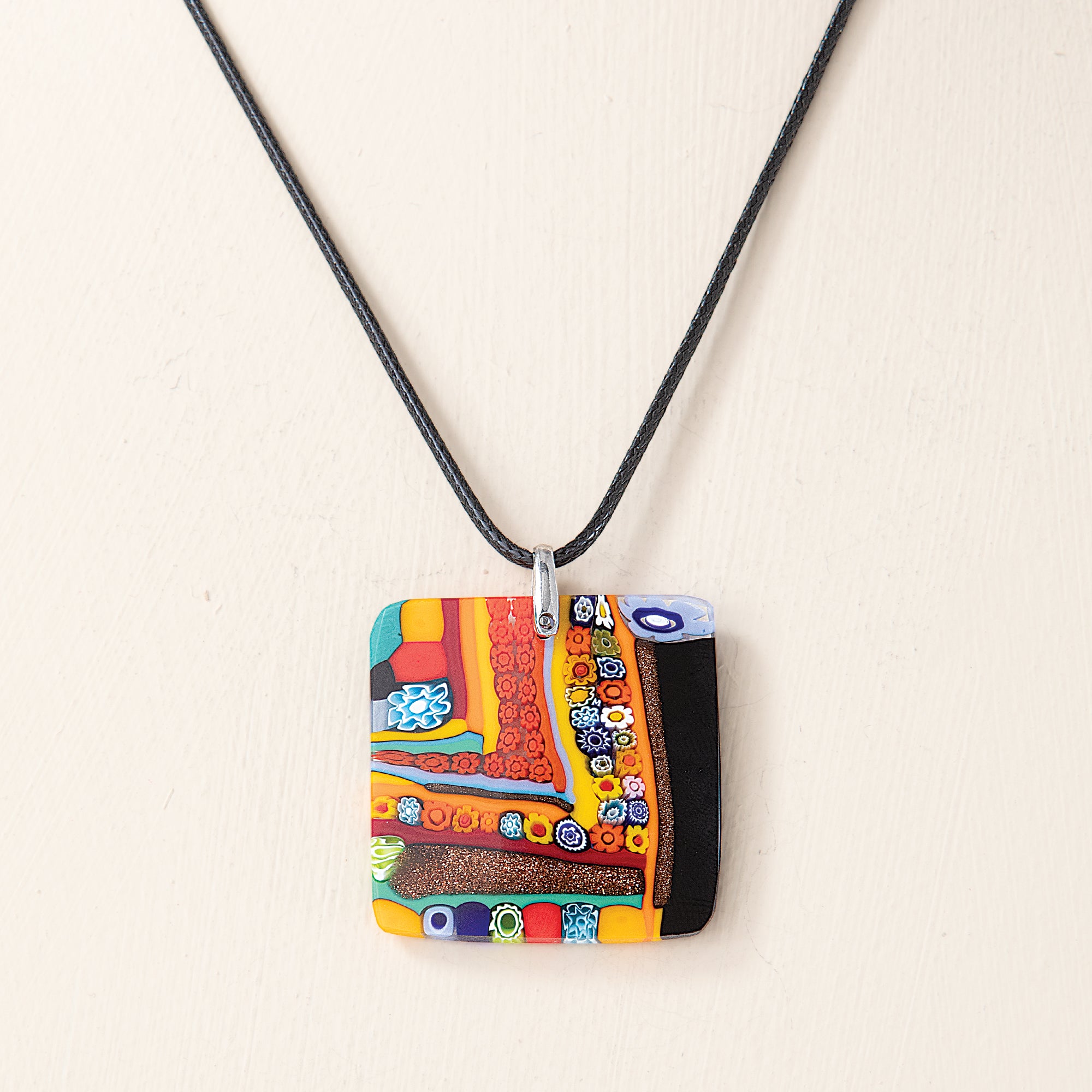 Murano Glass Millefiori Square Pendant Necklace