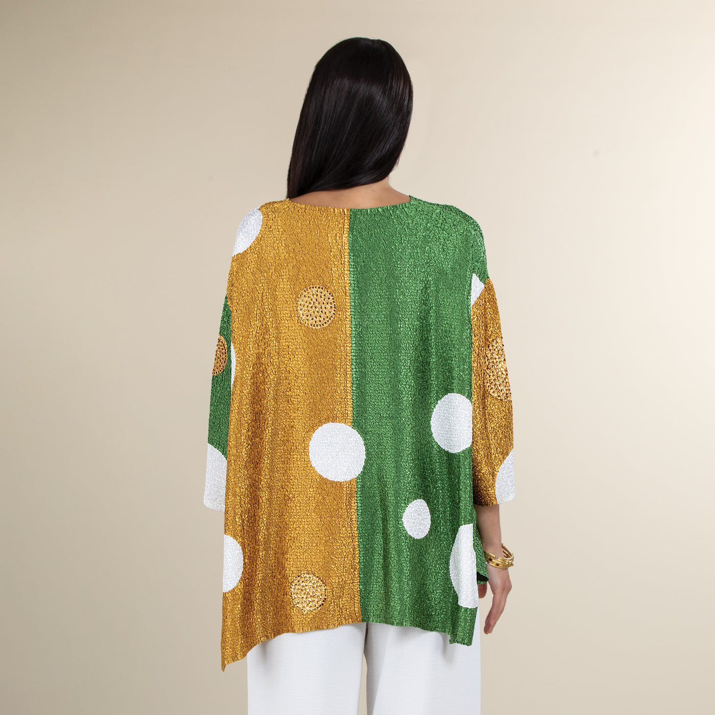 White Dots On Green & Gold Metallic Colorblocks Crinkle Tunic