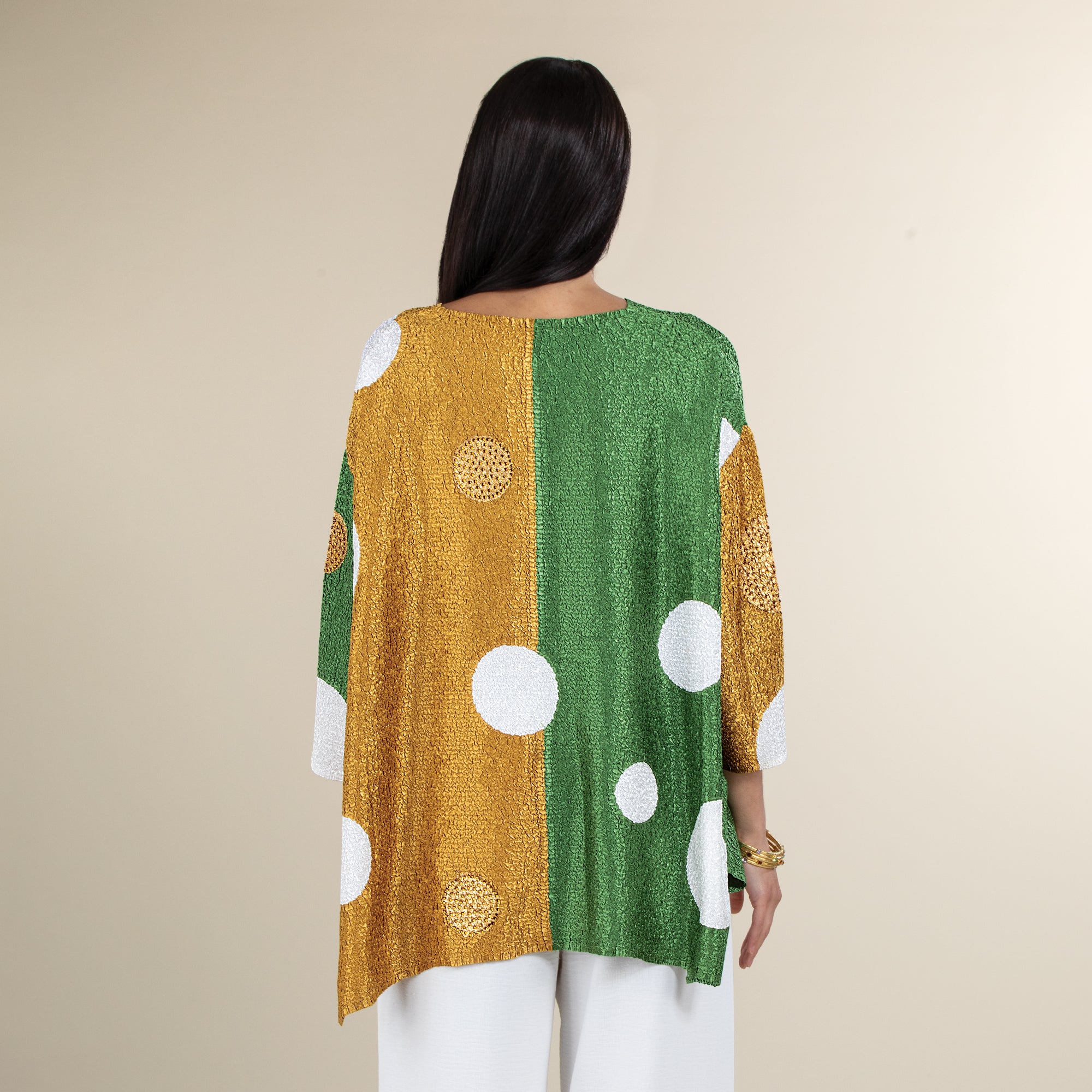 White Dots On Green & Gold Metallic Colorblocks Crinkle Tunic