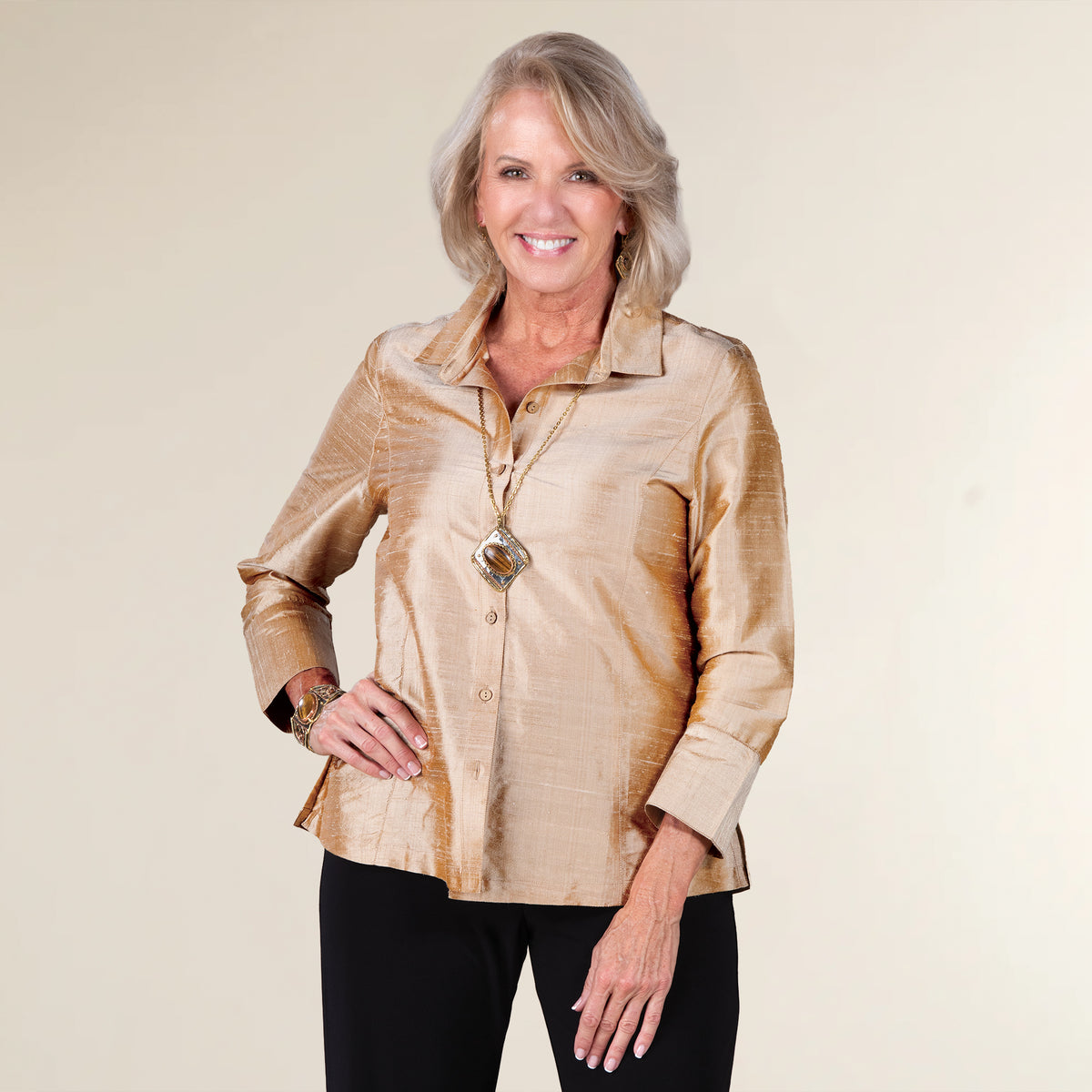 Shimmering Champagne Silk Cocktail Blouse