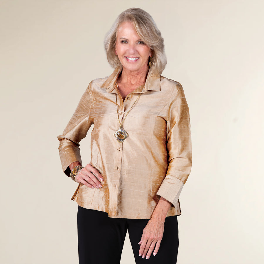 Shimmering Champagne Silk Cocktail Blouse