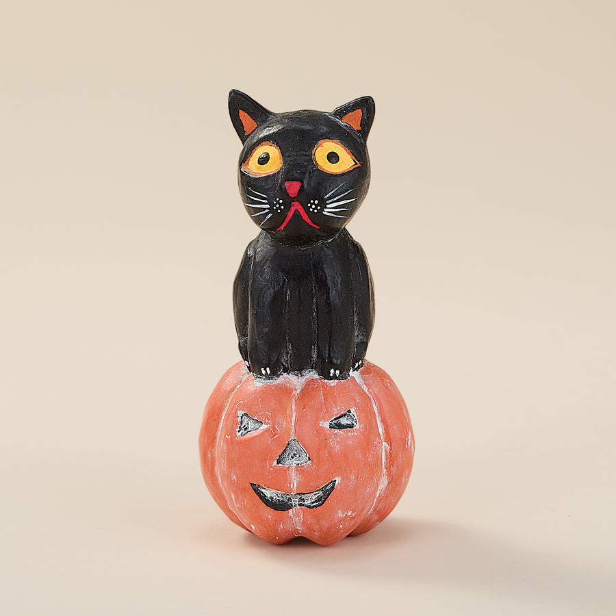 Hand-Carved Black Cat on Pumpkin Figurine
