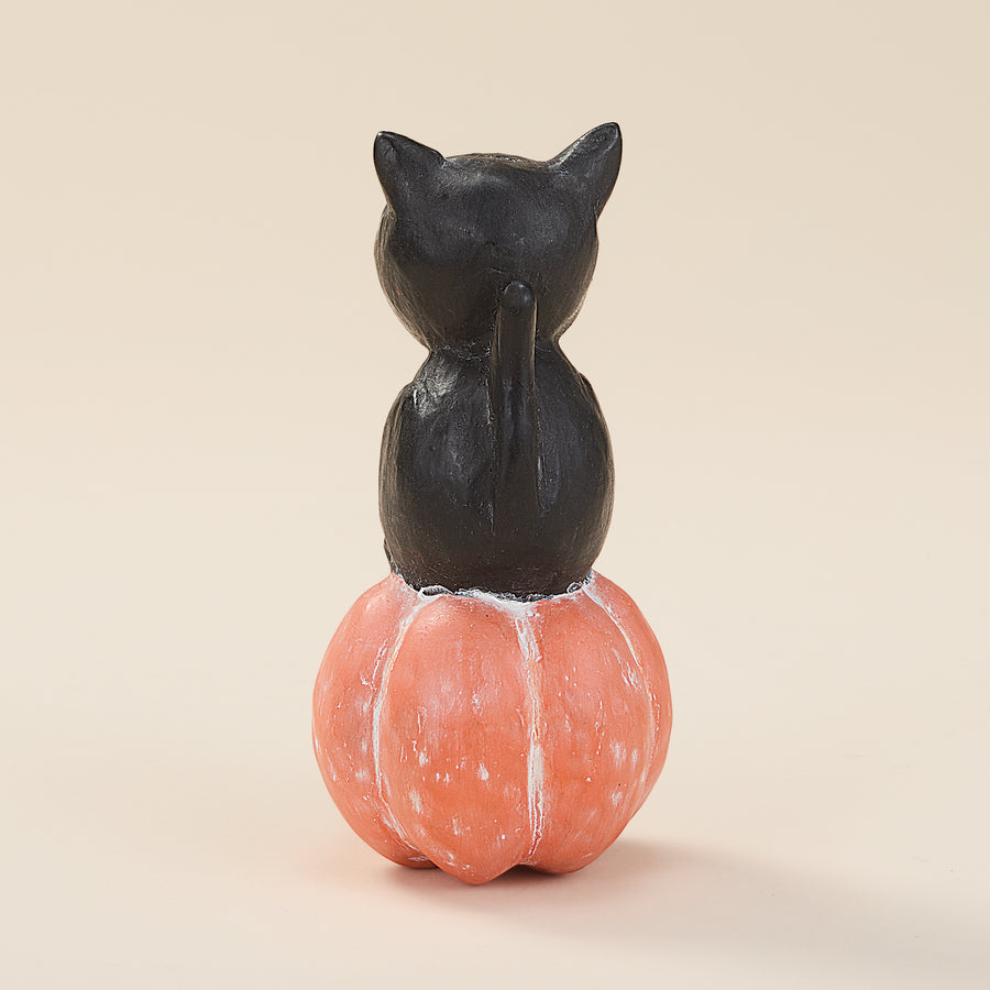 Hand-Carved Black Cat on Pumpkin Figurine