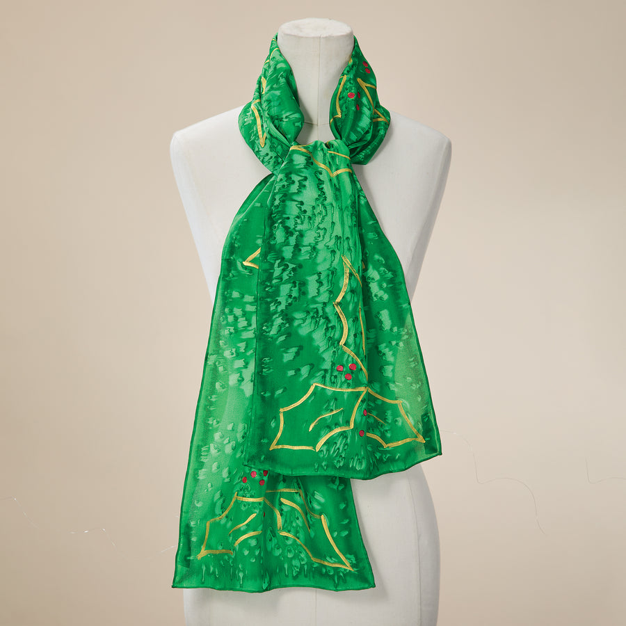 Hand-Painted Holly Leaves Silk Scarf