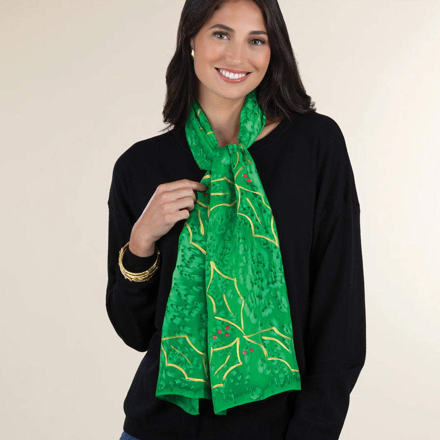 Hand-Painted Holly Leaves Silk Scarf