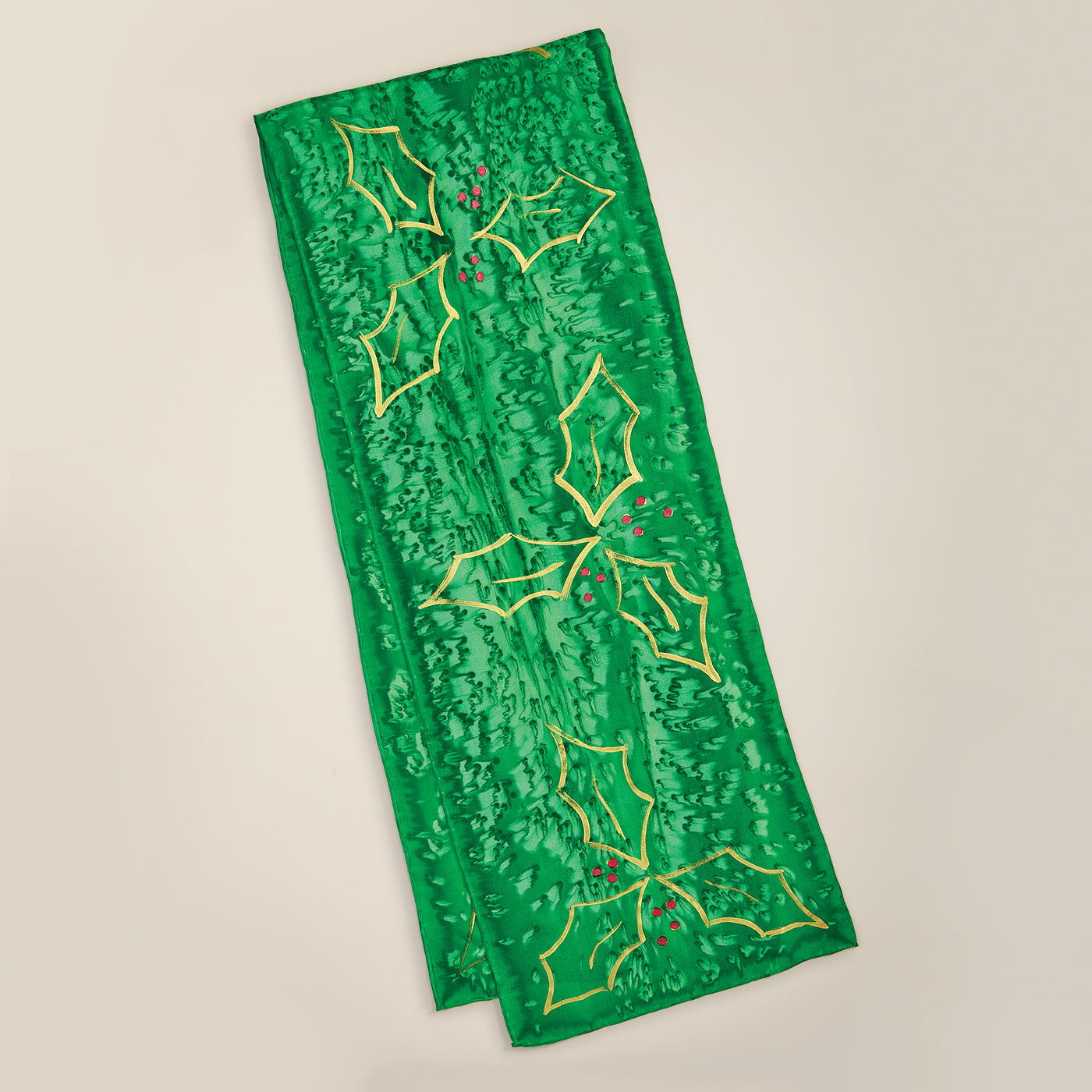 Hand-Painted Holly Leaves Silk Scarf