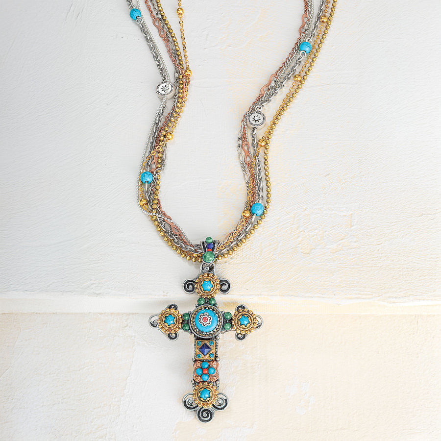 Timeless Beauty Turquoise & Coral Cross Necklace (Preorder)