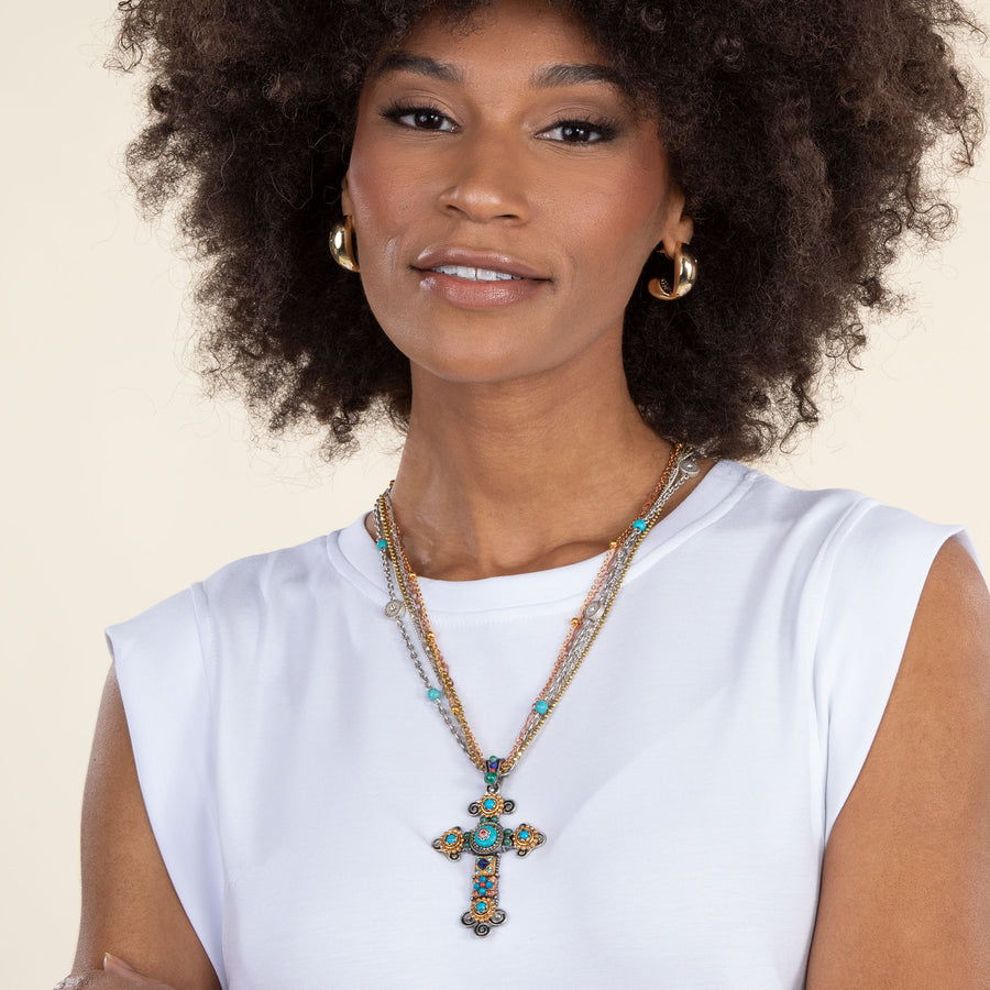Timeless Beauty Turquoise & Coral Cross Necklace (Preorder)