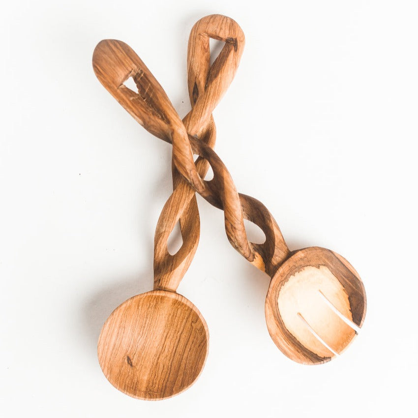 Handcrafted Olive Wood Salad Server Set, 12"