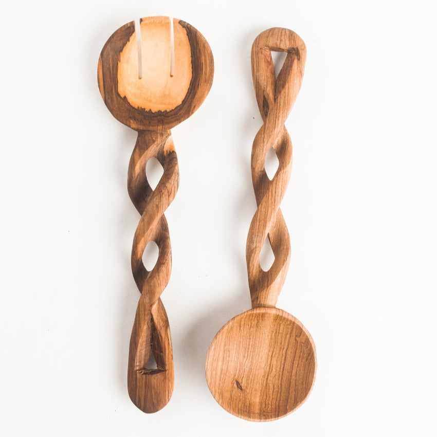 Handcrafted Olive Wood Salad Server Set, 12"