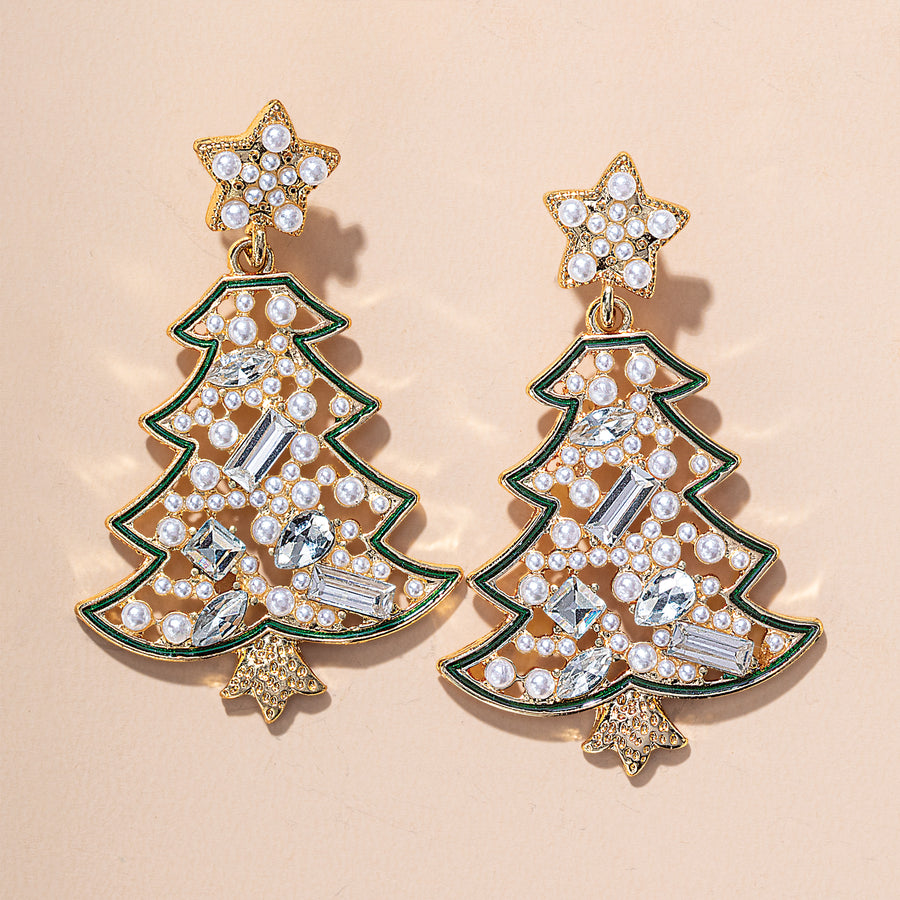 Sparkling Crystal & Pearl Holiday Tree Earrings (Preorder)