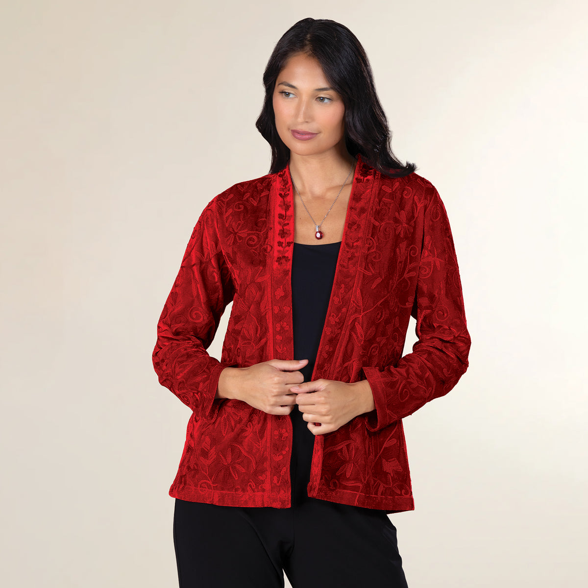 Flowing Flowers Red Velvet Open Front Jacket