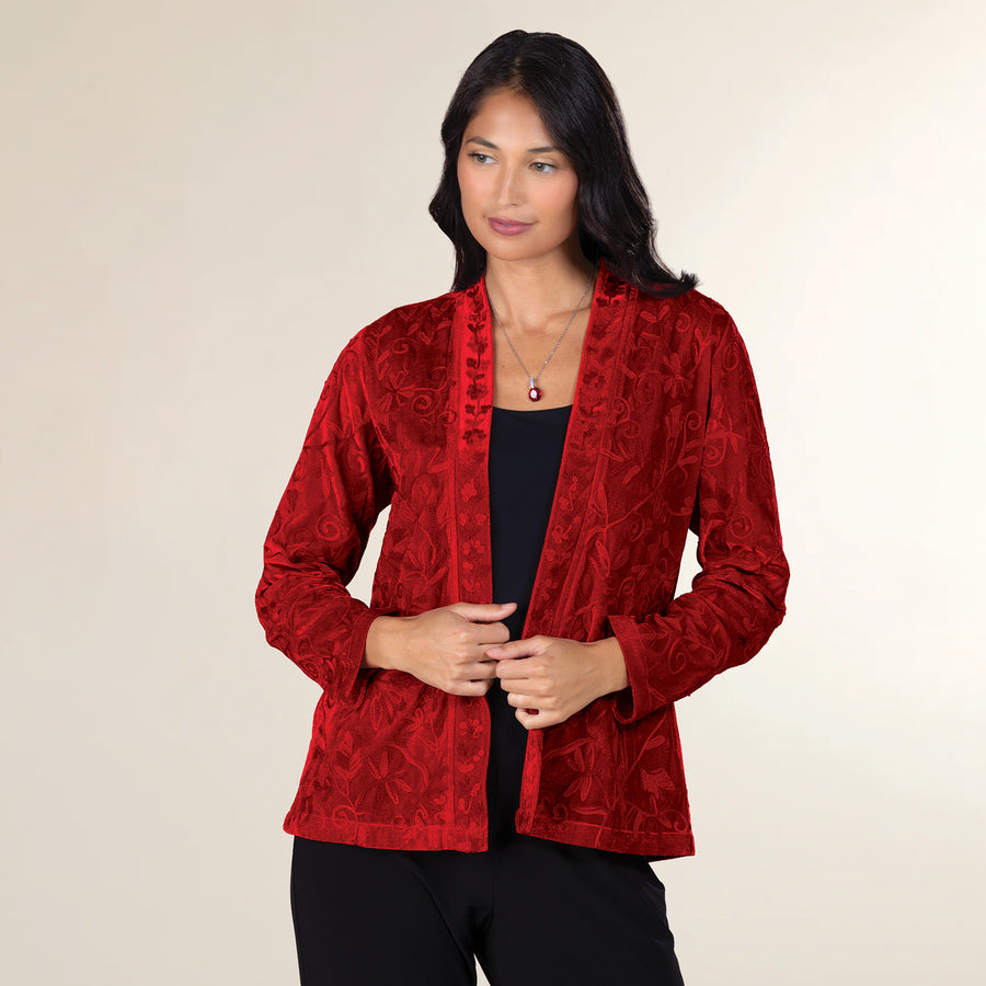 Flowing Flowers Red Velvet Open Front Jacket