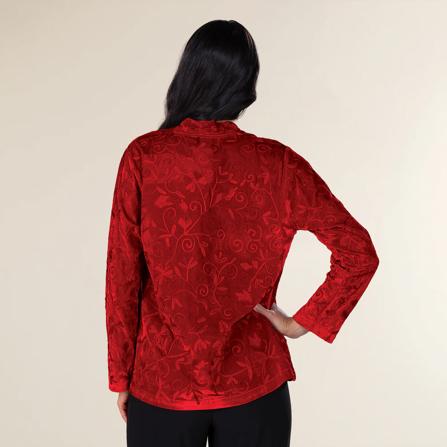 Flowing Flowers Red Velvet Open Front Jacket
