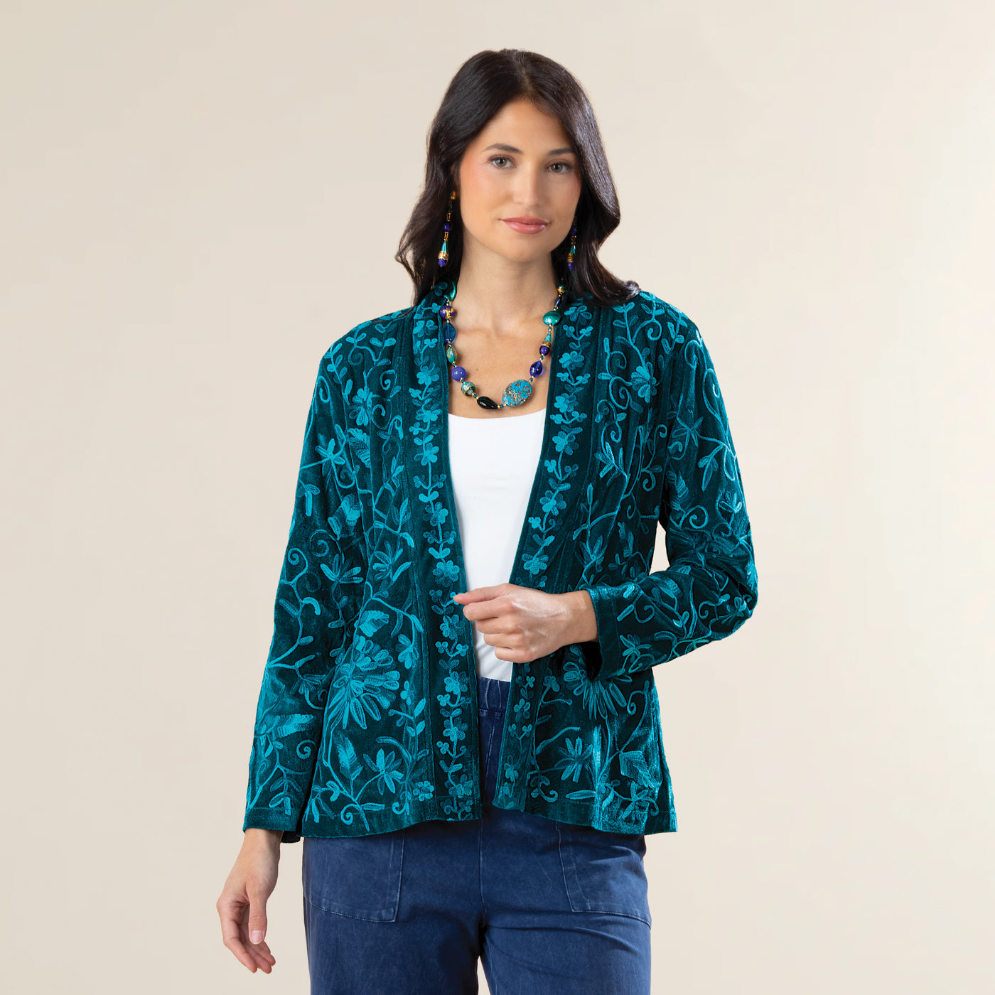 Flowing Flowers Open Front Velvet Jacket