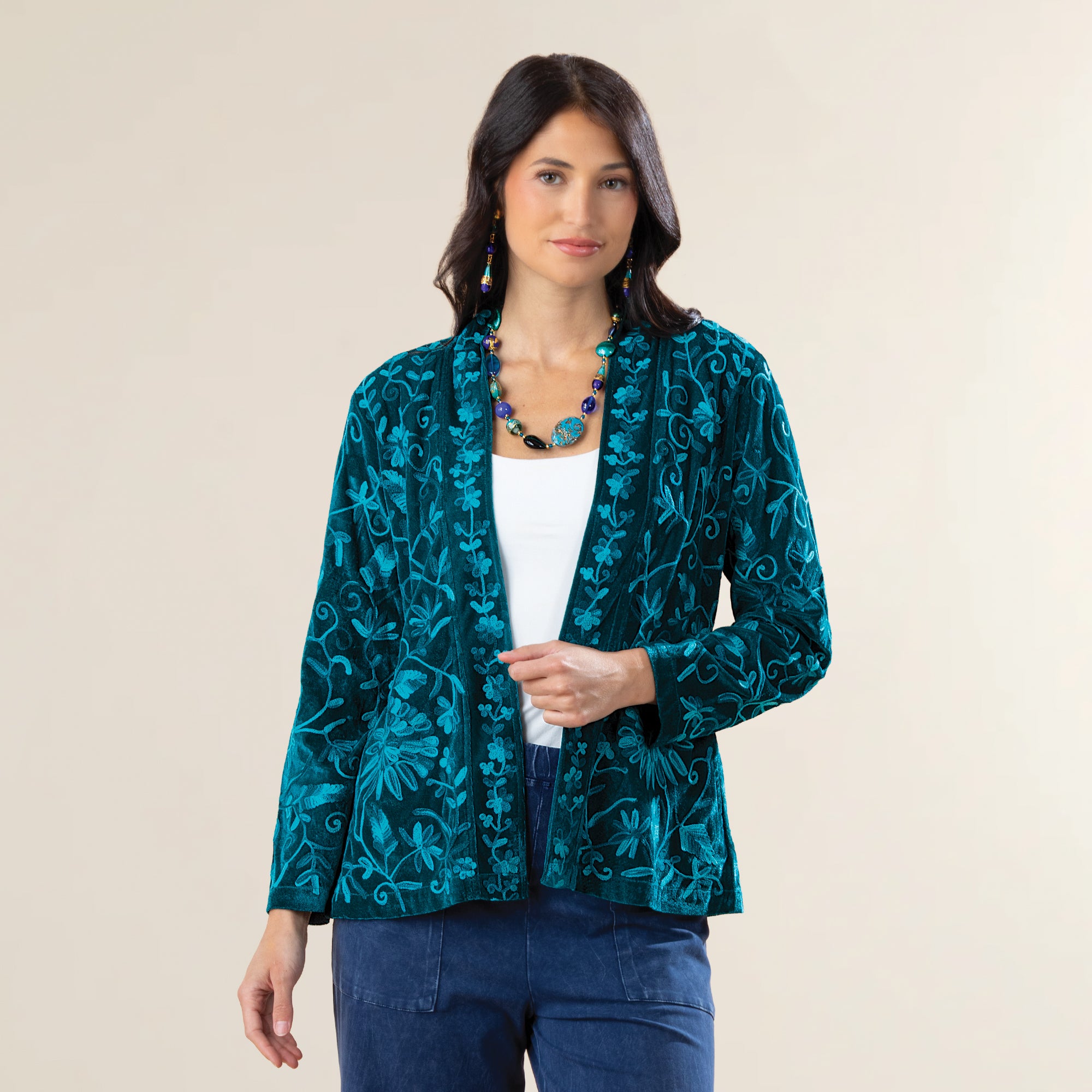 Flowing Flowers Open Front Velvet Jacket