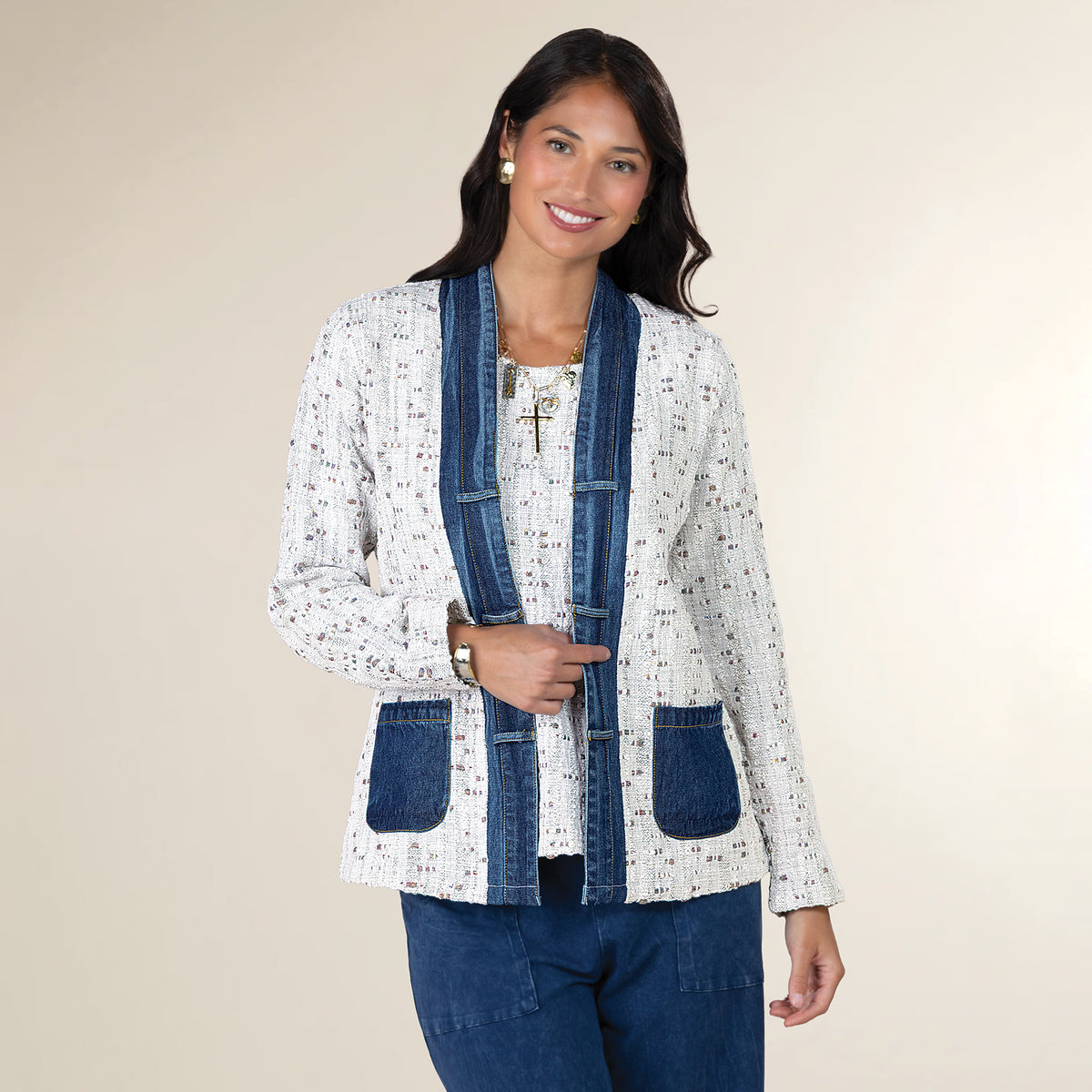 Tweed Open Front Denim Bordered Jacket & Tank Set
