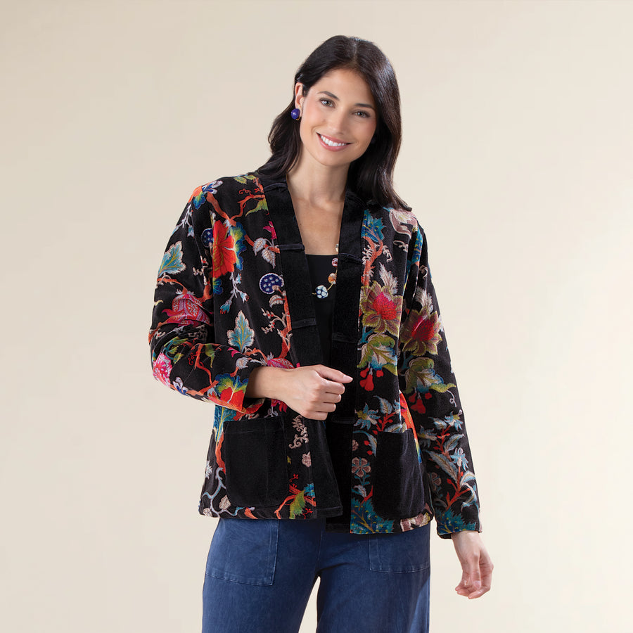Flowers At Midnight Velvet Open Front Jacket