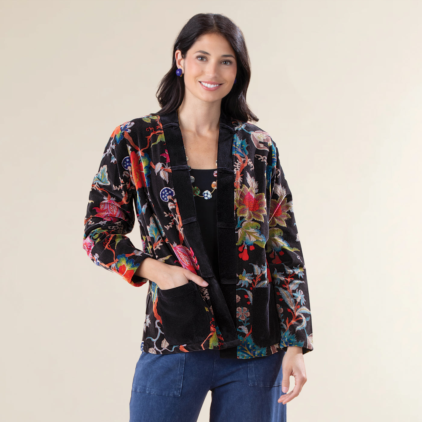 Flowers At Midnight Velvet Open Front Jacket