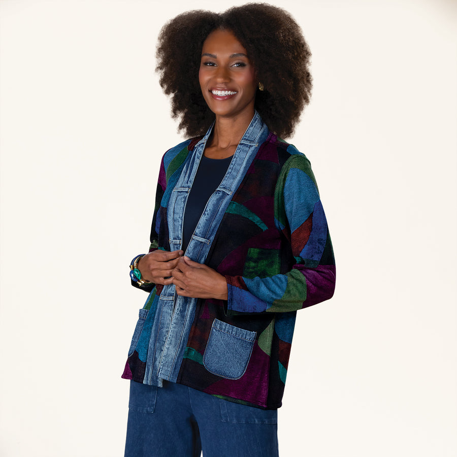 Geometric Open Front Denim Bordered Jacket