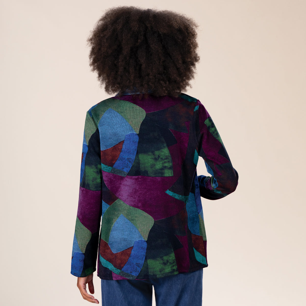 Geometric Open Front Denim Bordered Jacket