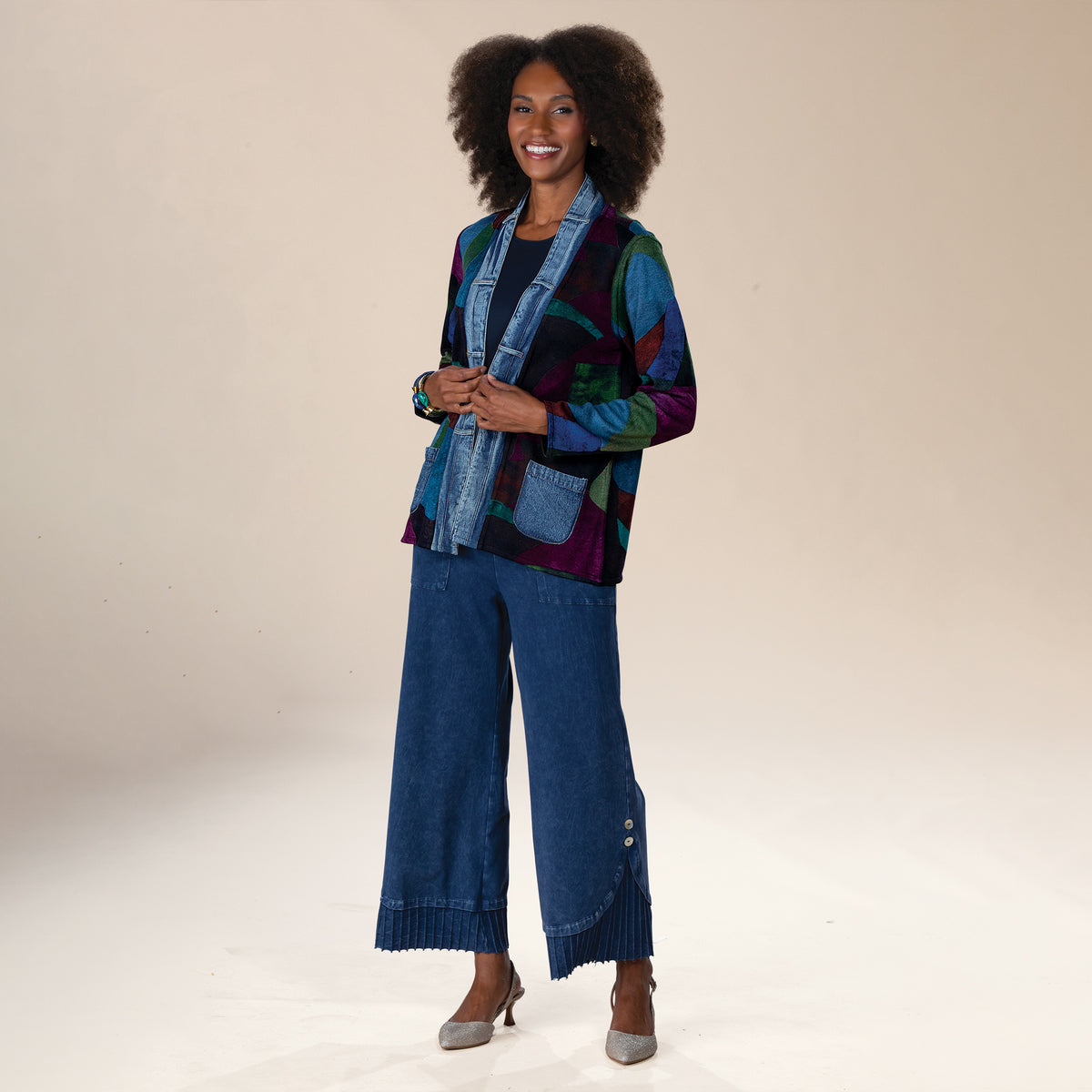 Geometric Open Front Denim Bordered Jacket