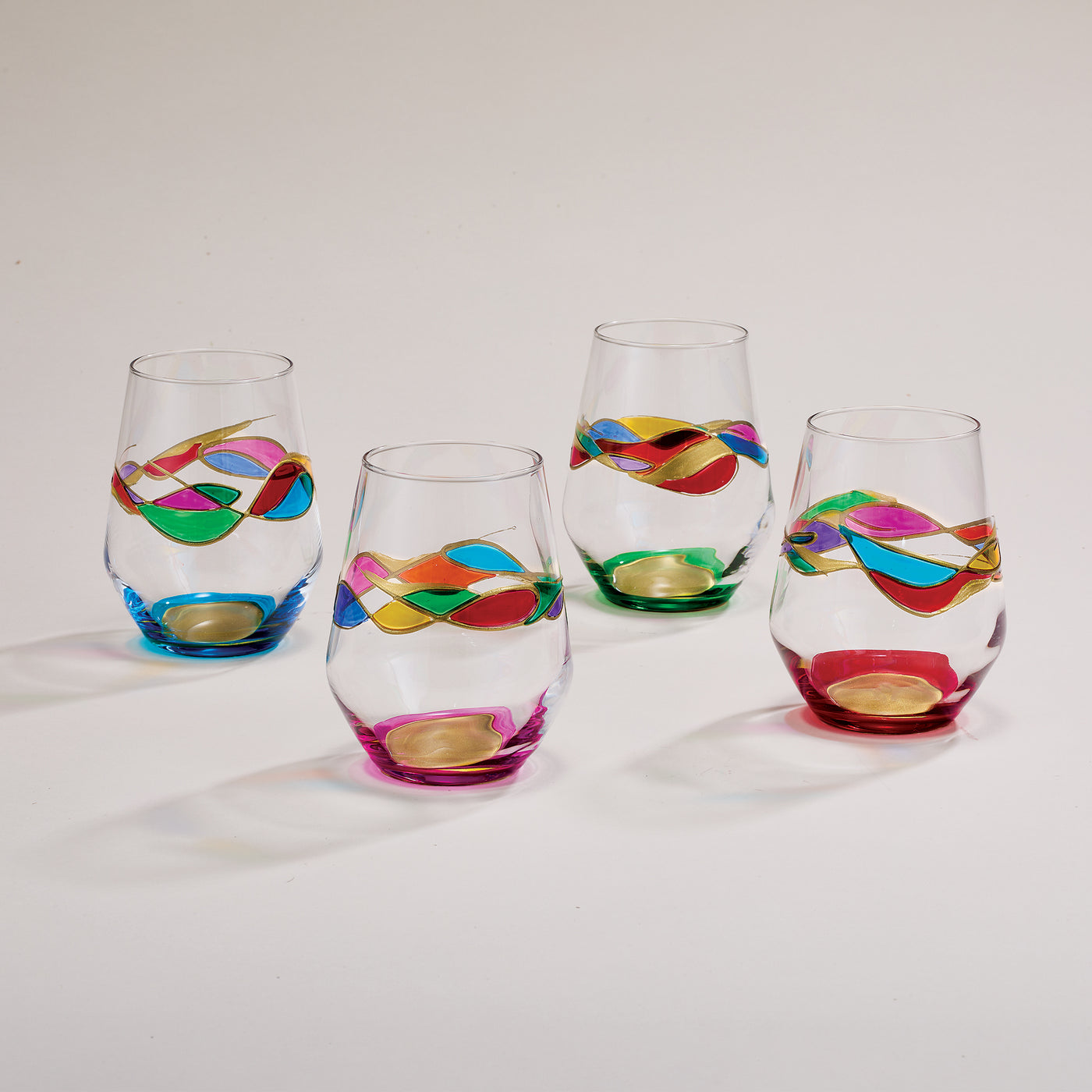 Hand-Painted Rainbow Waves Drinking Glasses Set of 4