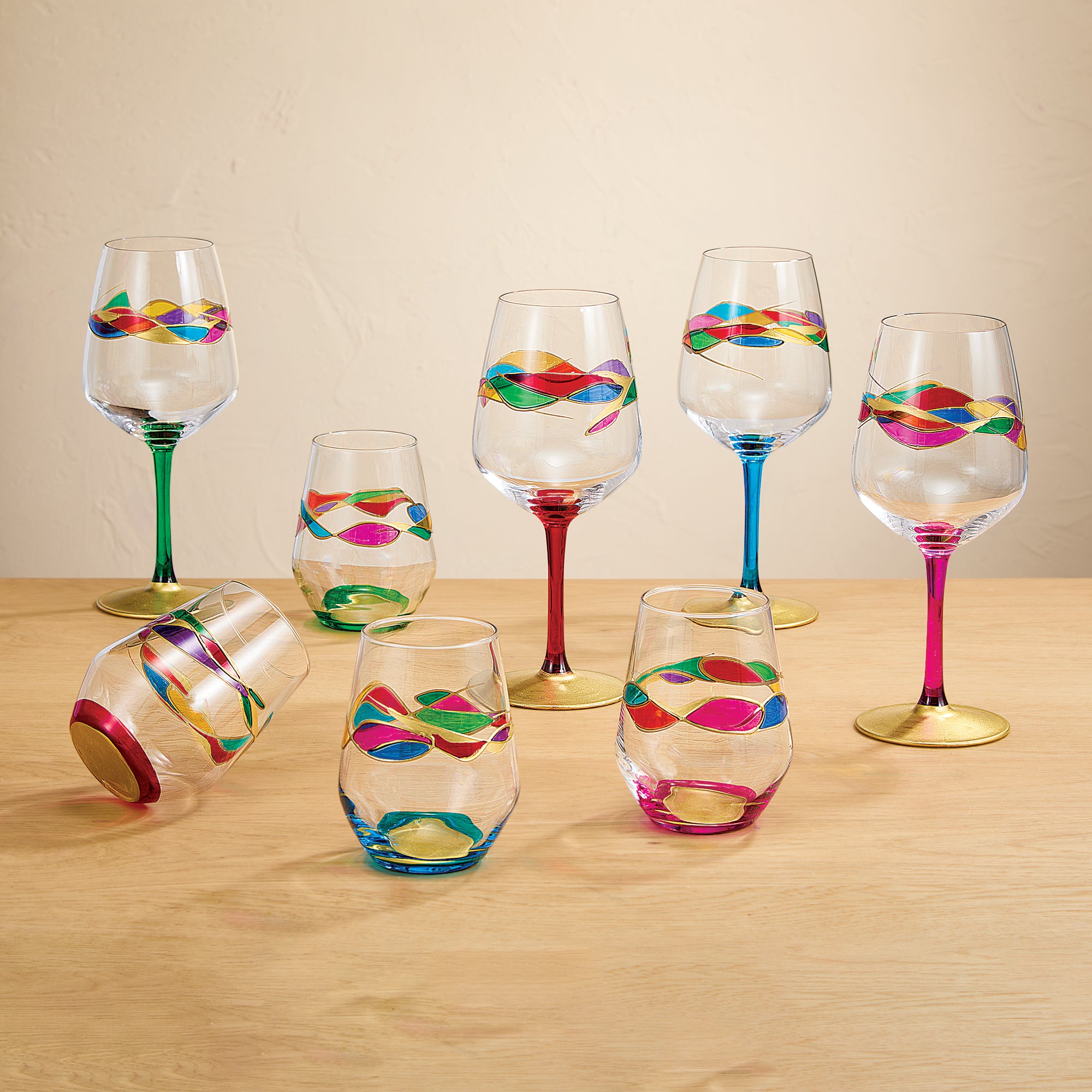 Hand-Painted Rainbow Waves Drinking Glasses Set of 4