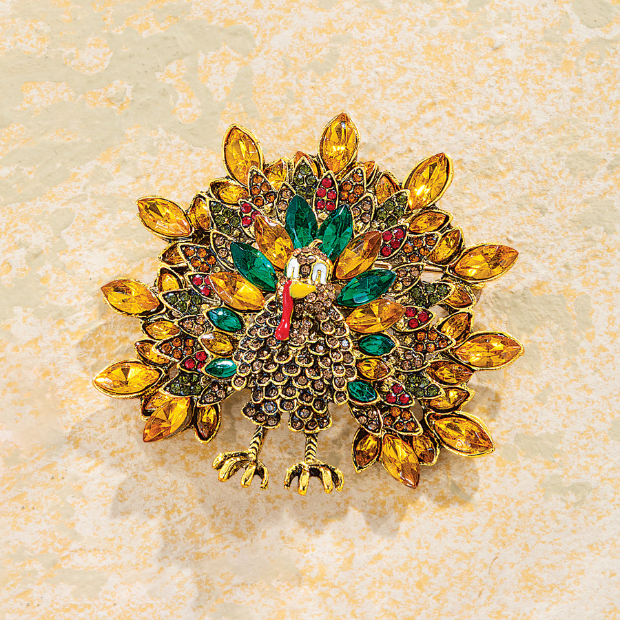 Colored Crystals Thanksgiving Turkey Brooch