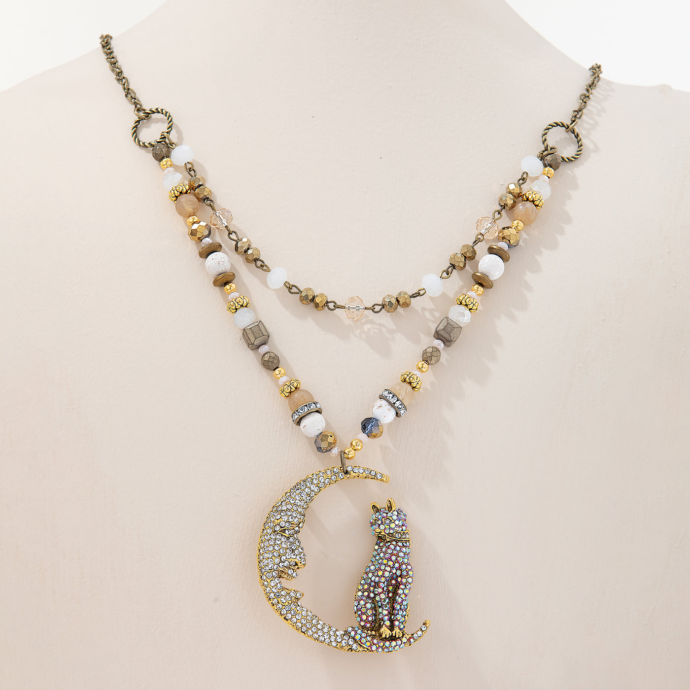 Crystal Cat Crescent Moon Layered Necklace (Preorder)