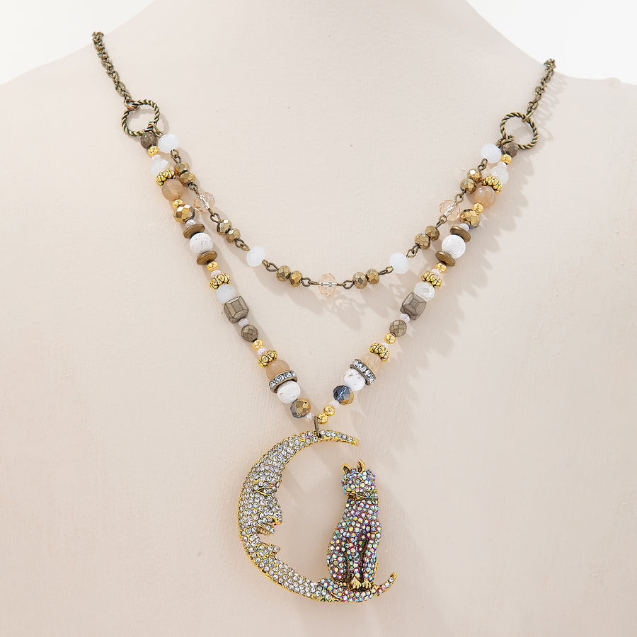 Crystal Cat Crescent Moon Layered Necklace