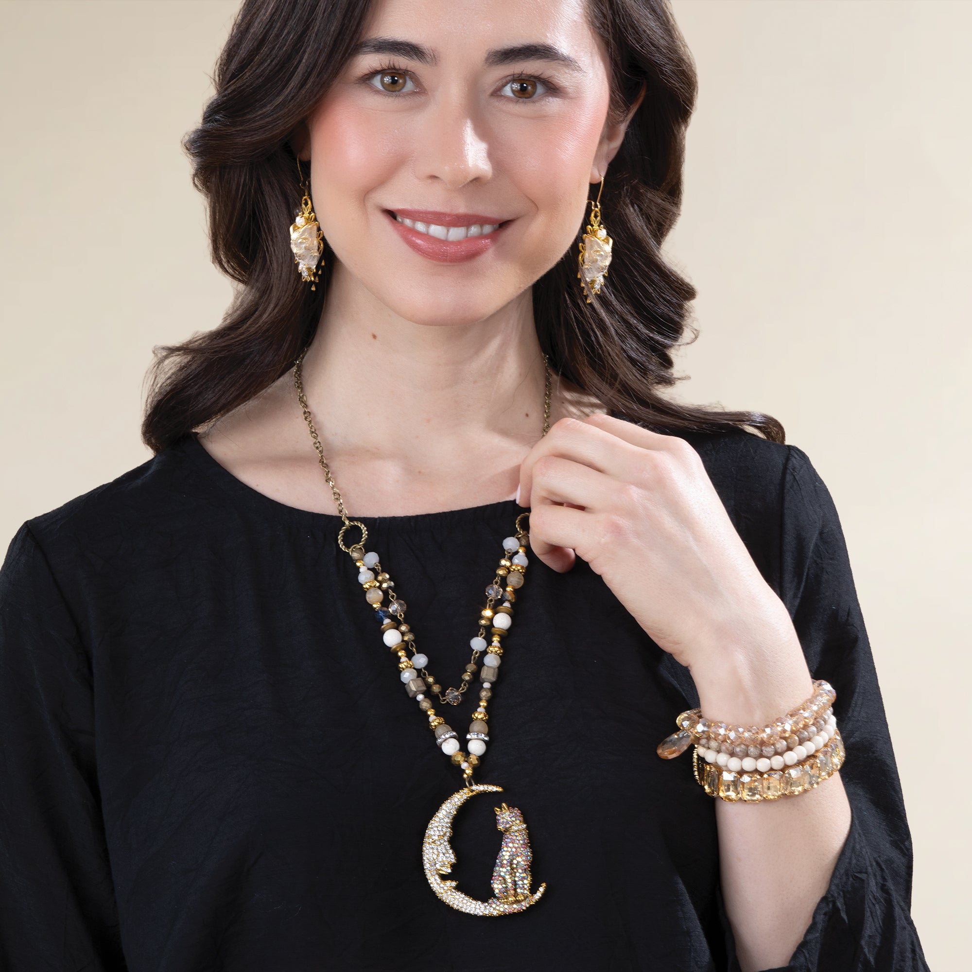 Crystal Cat Crescent Moon Layered Necklace (Preorder)