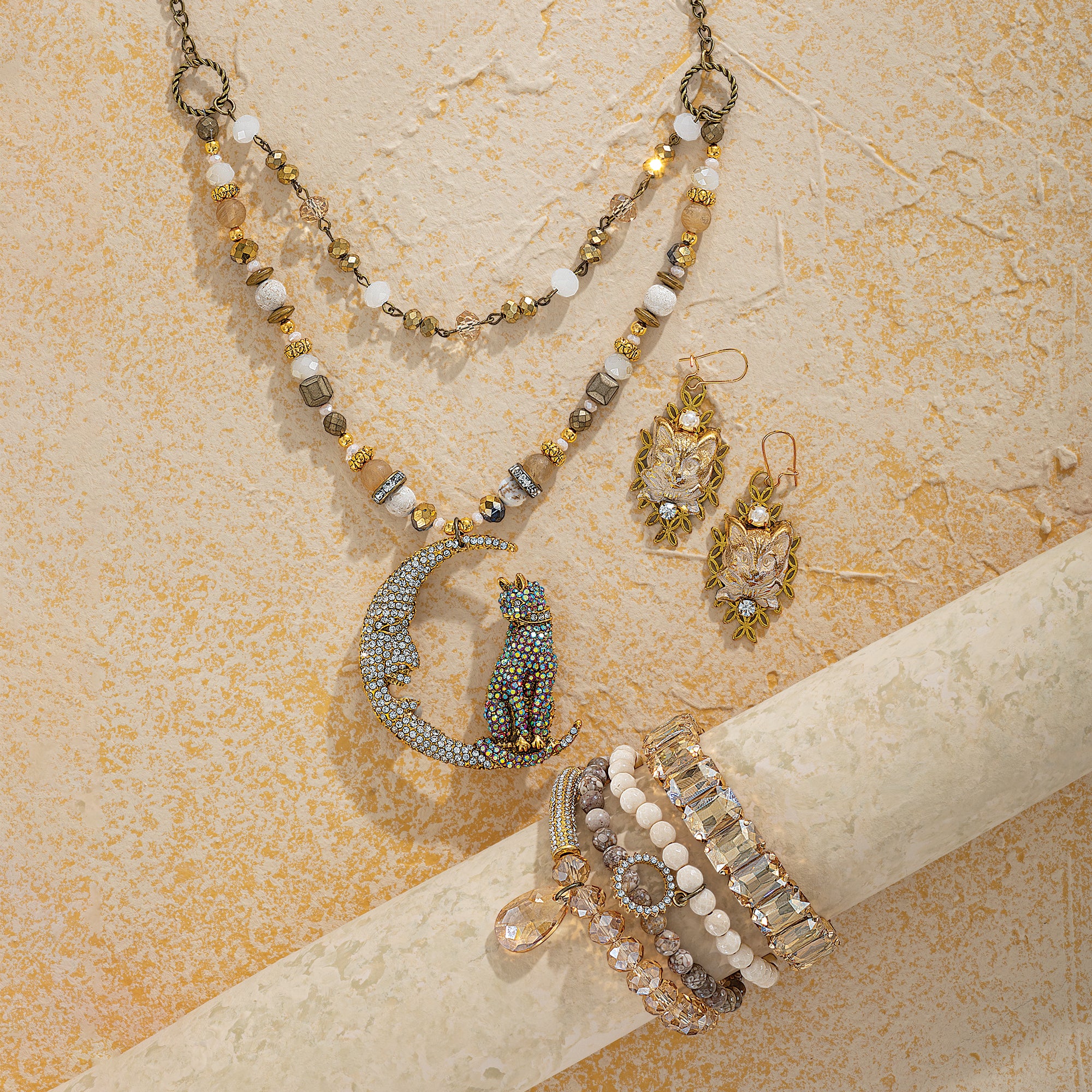 Crystal Cat Crescent Moon Layered Necklace (Preorder)