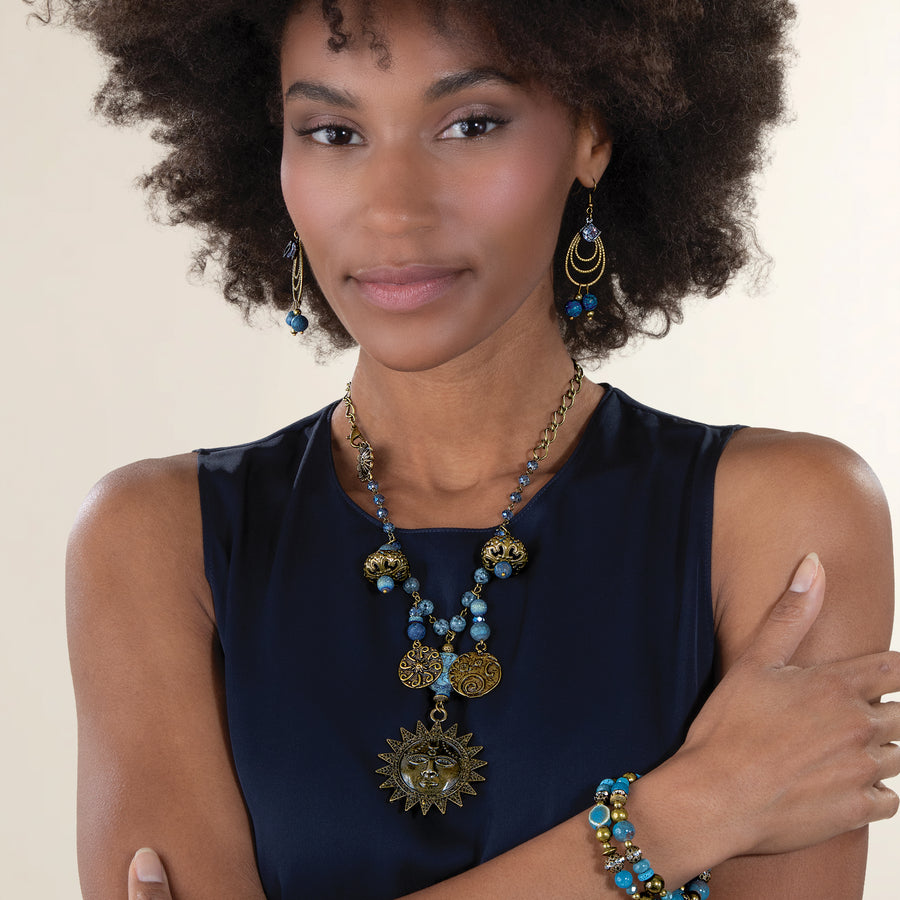 Frosted Blue Hues Sun Pendant Necklace