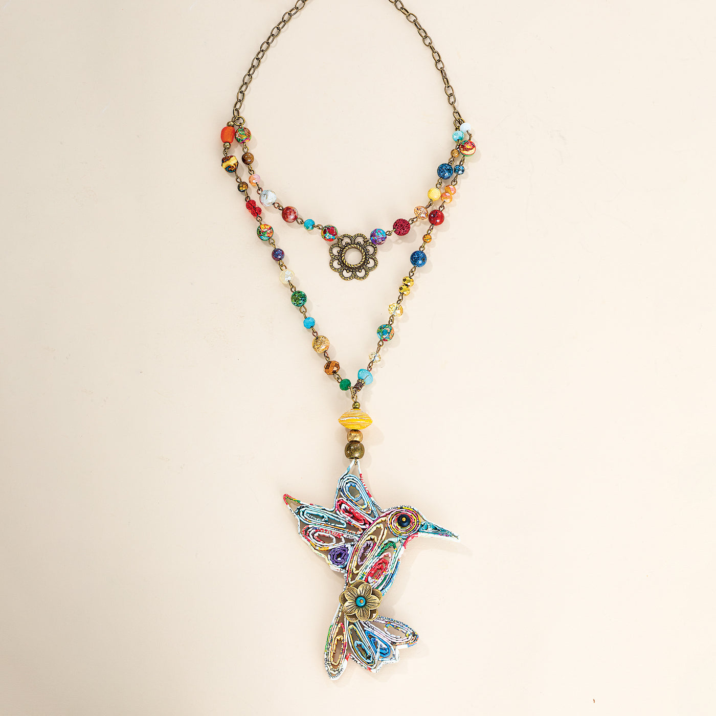 Recycled Paper Hummingbird Pendant Necklace