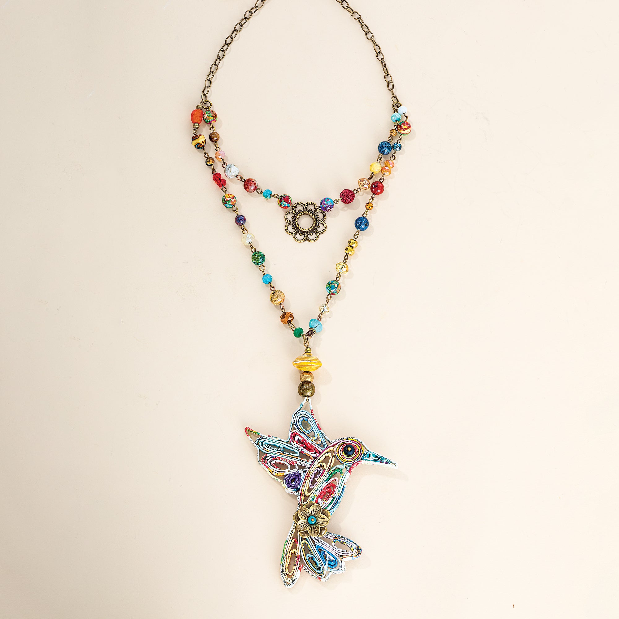 Recycled Paper Hummingbird Pendant Necklace