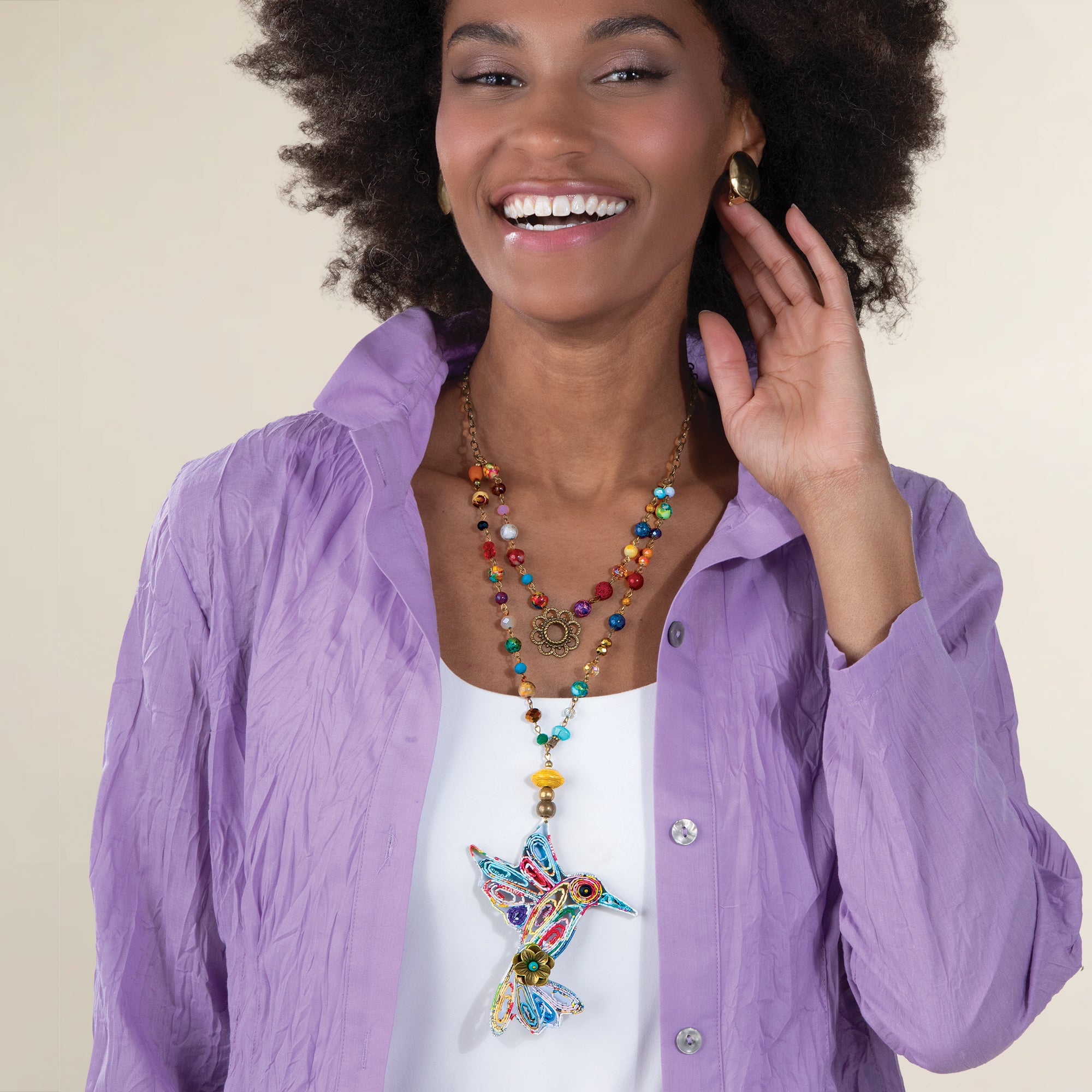 Recycled Paper Hummingbird Pendant Necklace